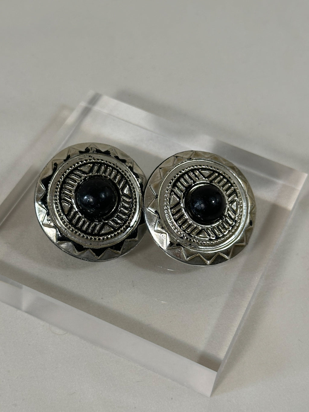 Vintage Silver & Black Tribal Disc Earrings