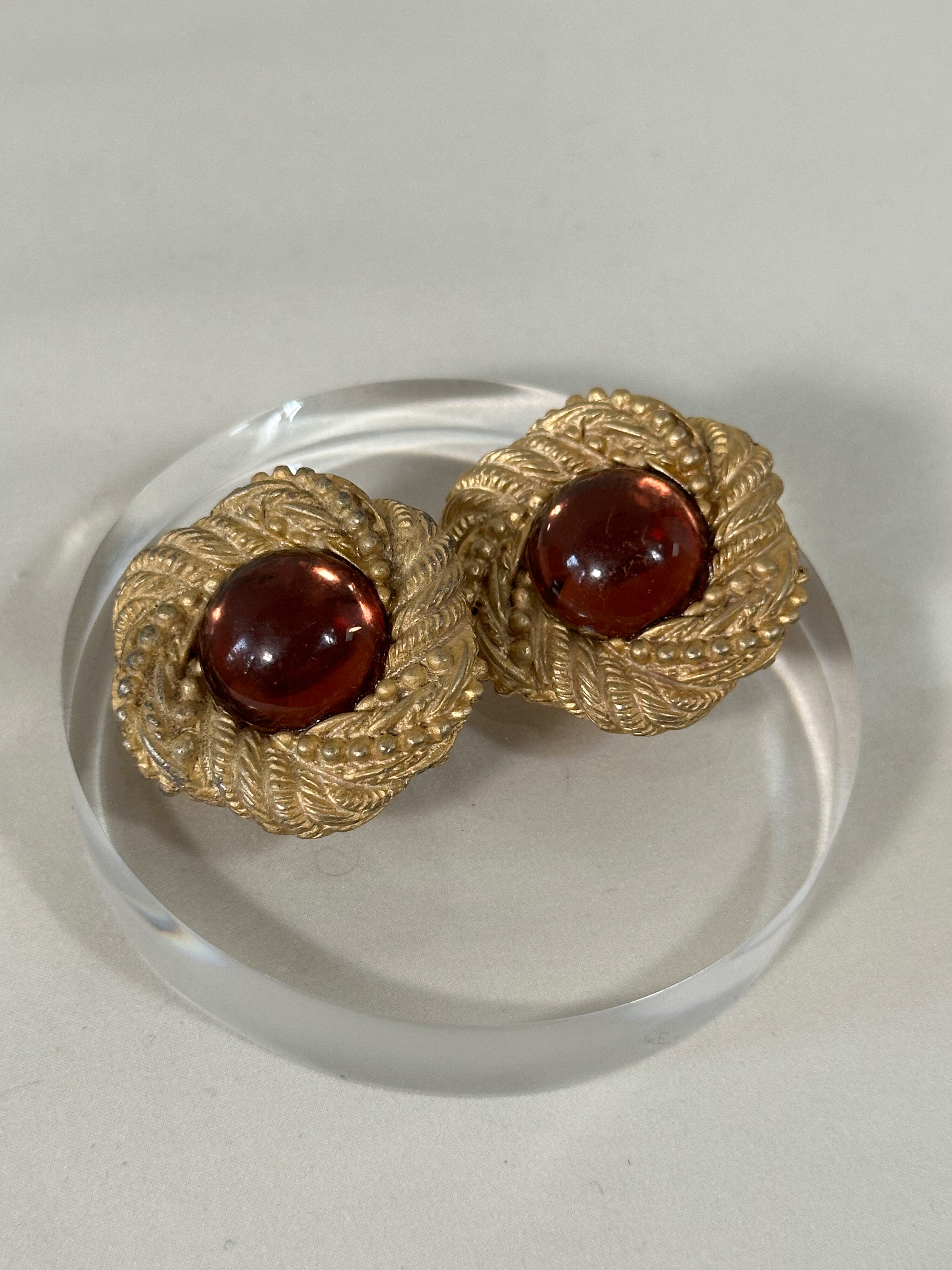 Gold & Amber Cabochon Statement Studs