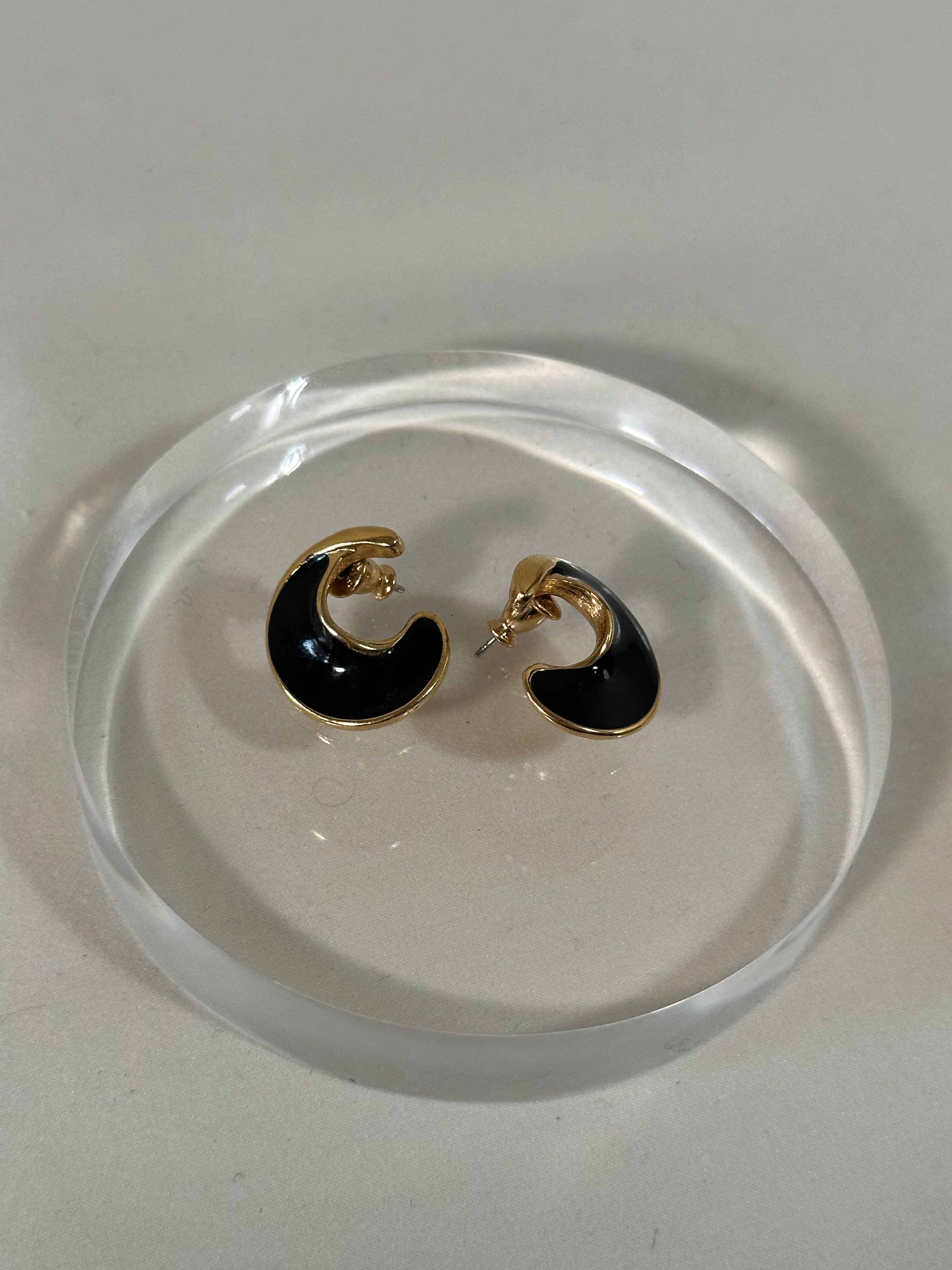 Monet Black Enamel Crescent Stud Earrings