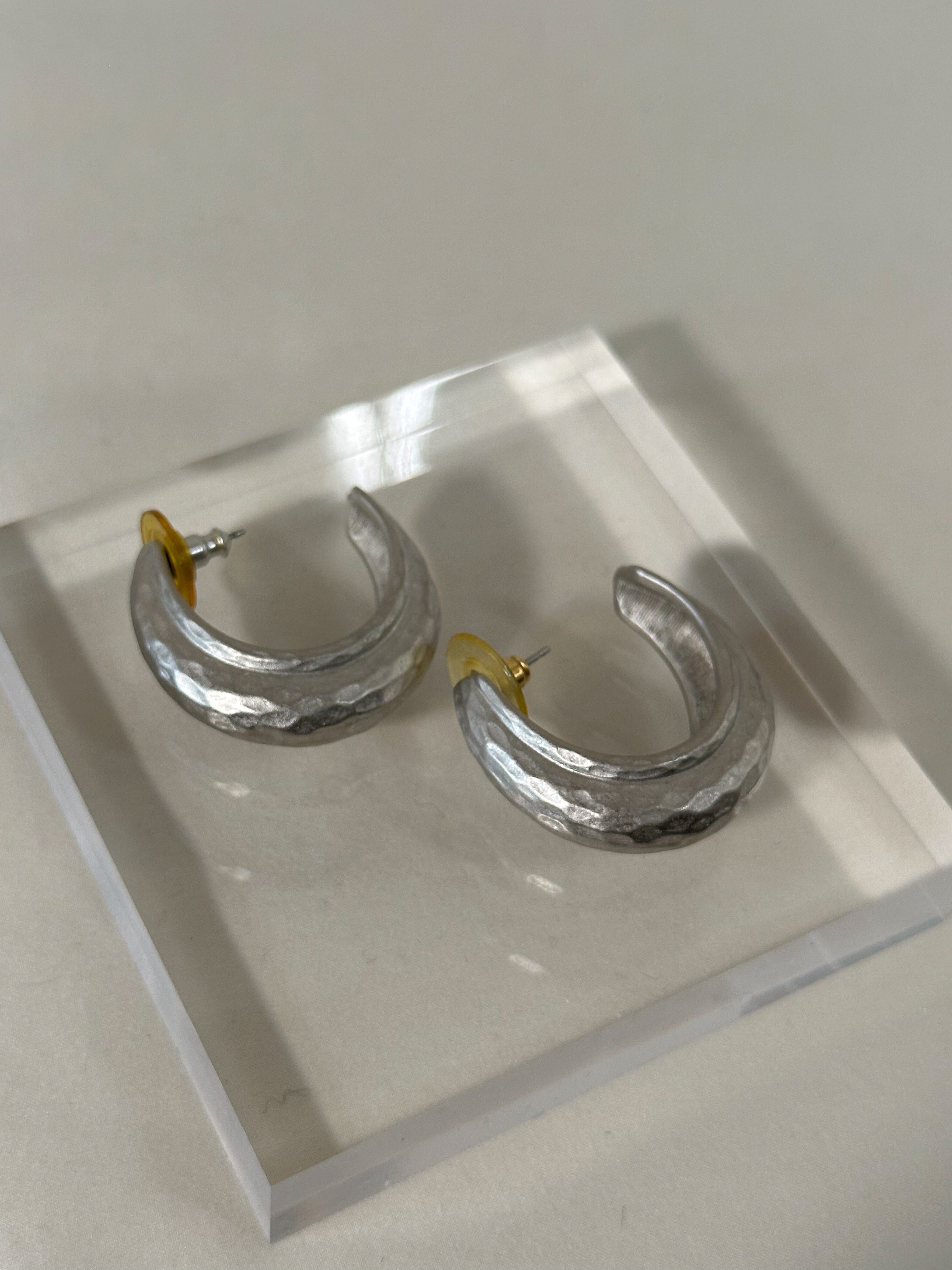 Hammered Silver Crescent Hoop Earrings