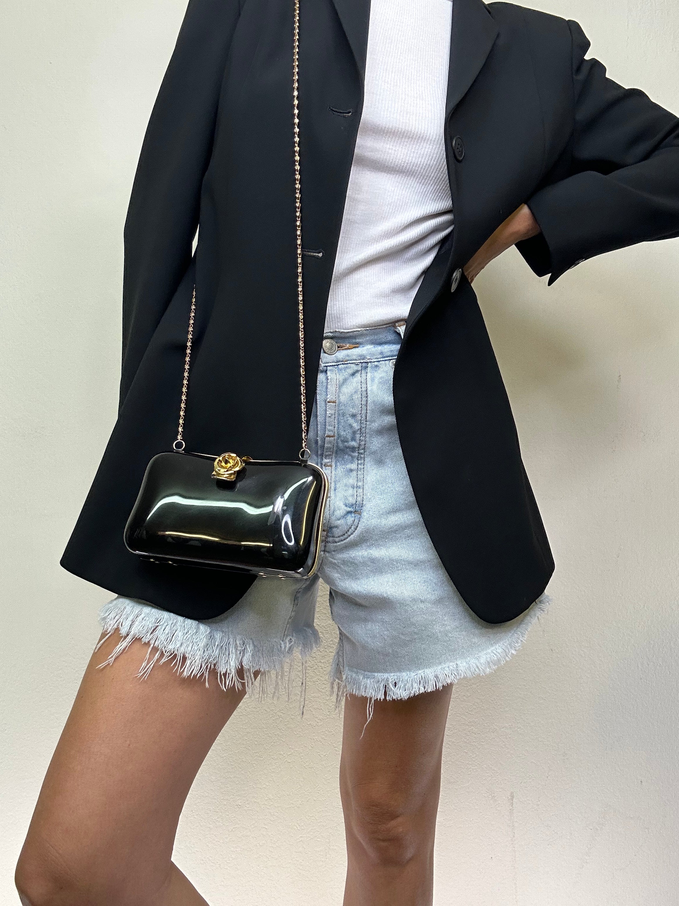 Vintage Black Hard-Shell Bag with Gold Rosette Clasp