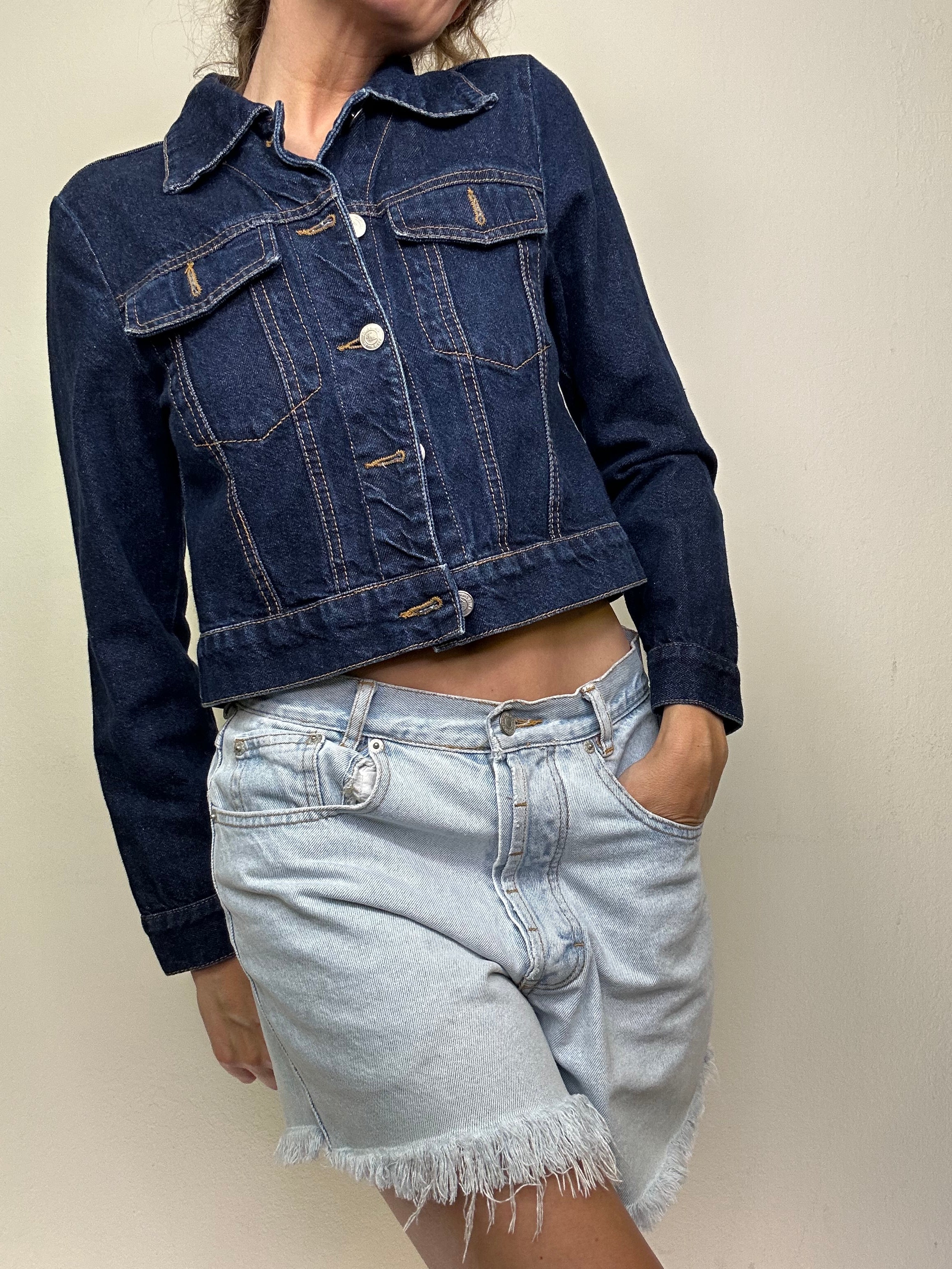 Y2K Paris Blues Cropped Dark Wash Denim Jacket