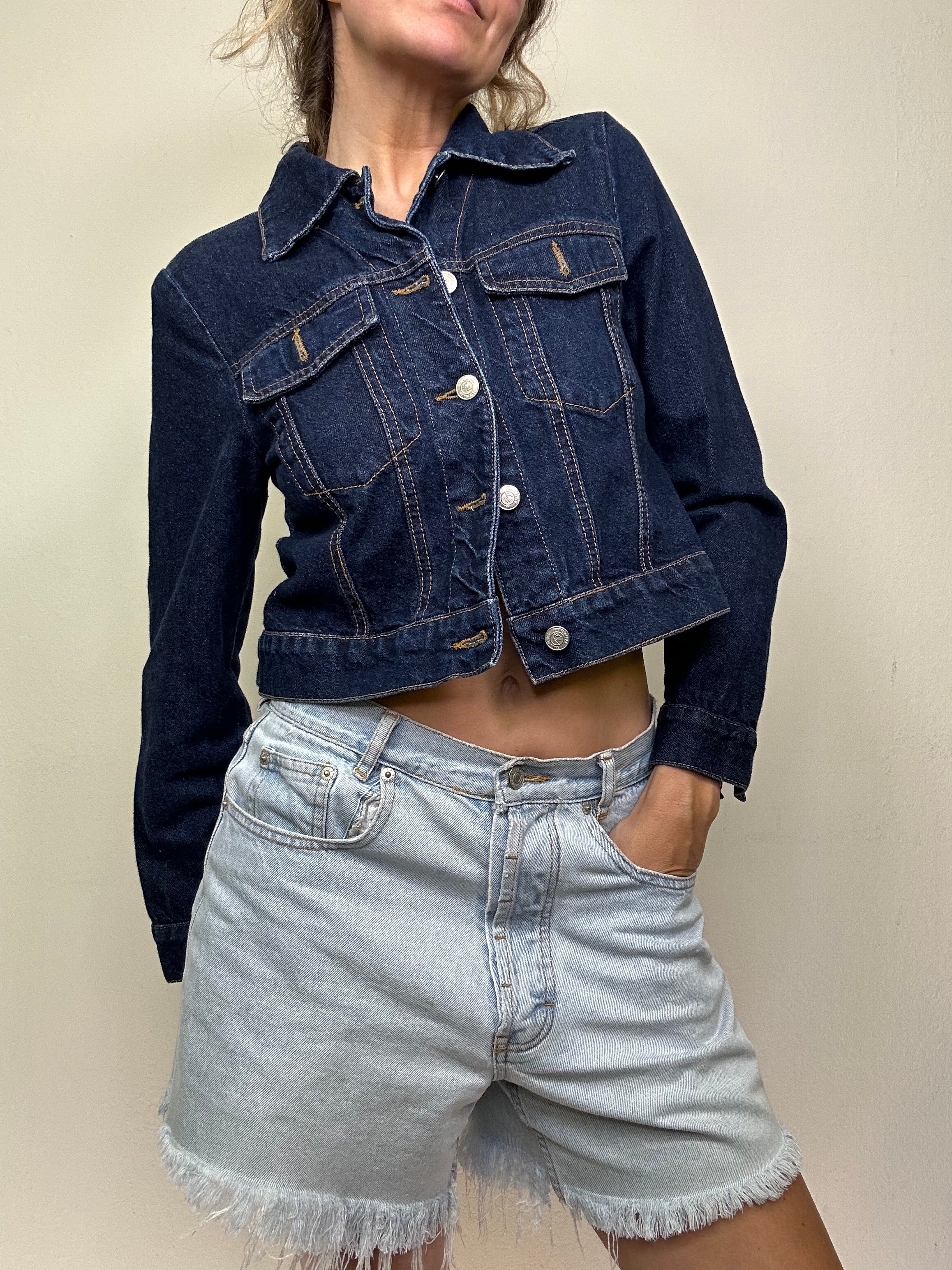 Y2K Paris Blues Cropped Dark Wash Denim Jacket