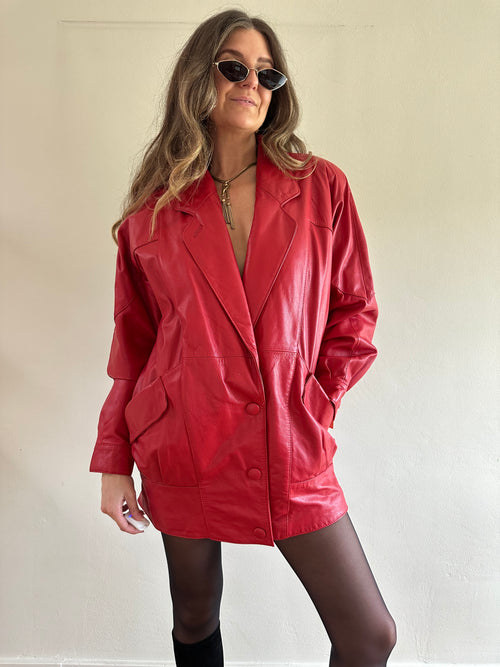 80s Deadstock Wilsons Red Leather Longline Jacket/Dress