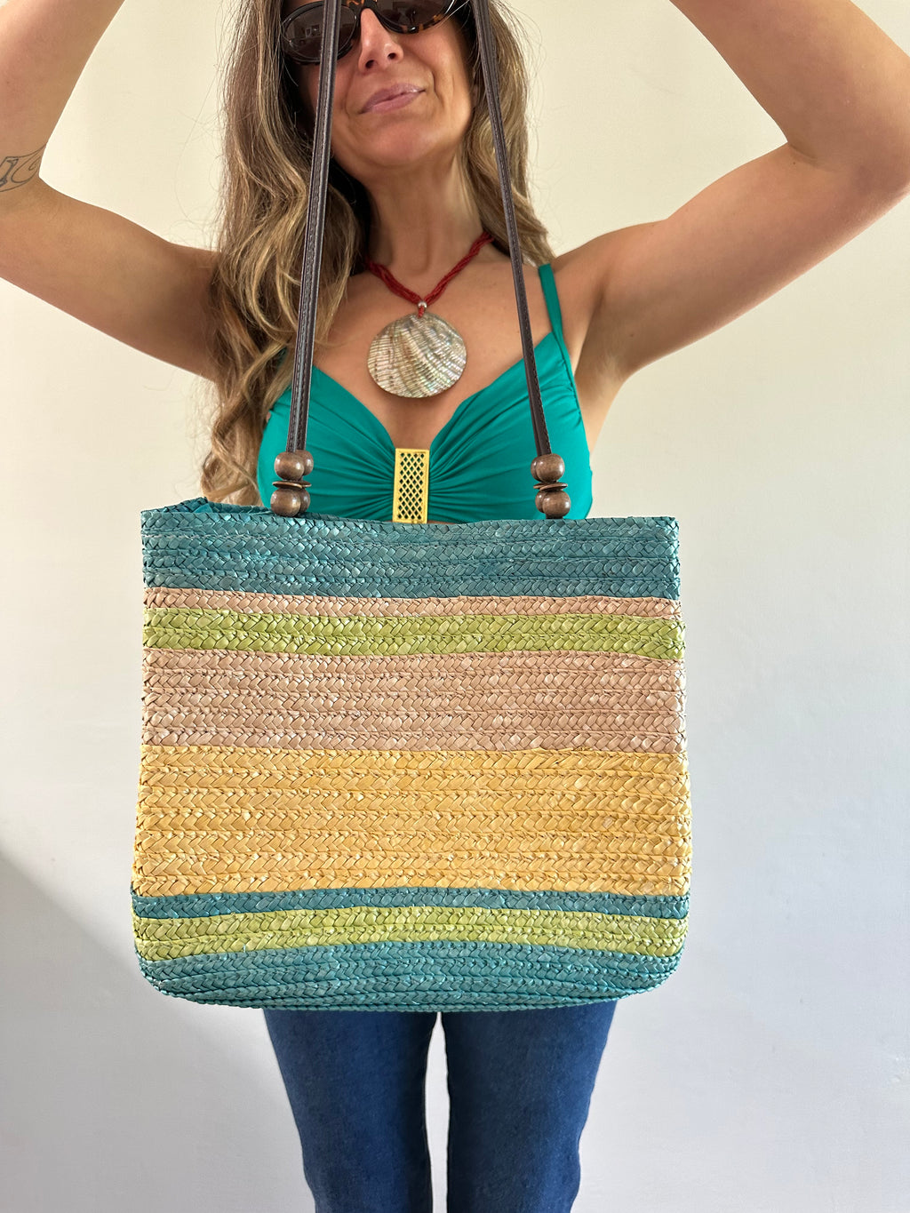 Striped Woven Beach Tote