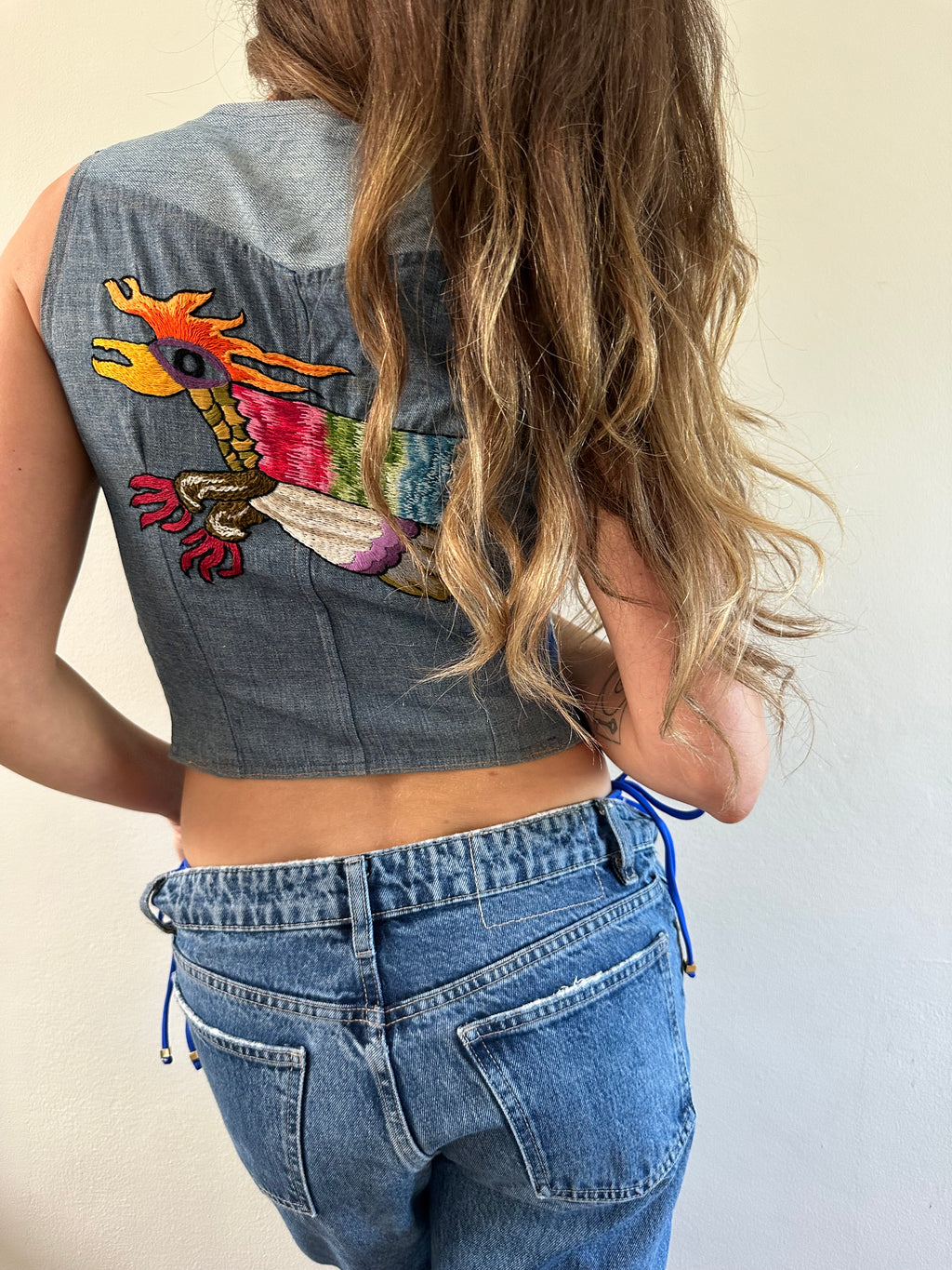 Mexican Otomi Embroidered Denim Vest