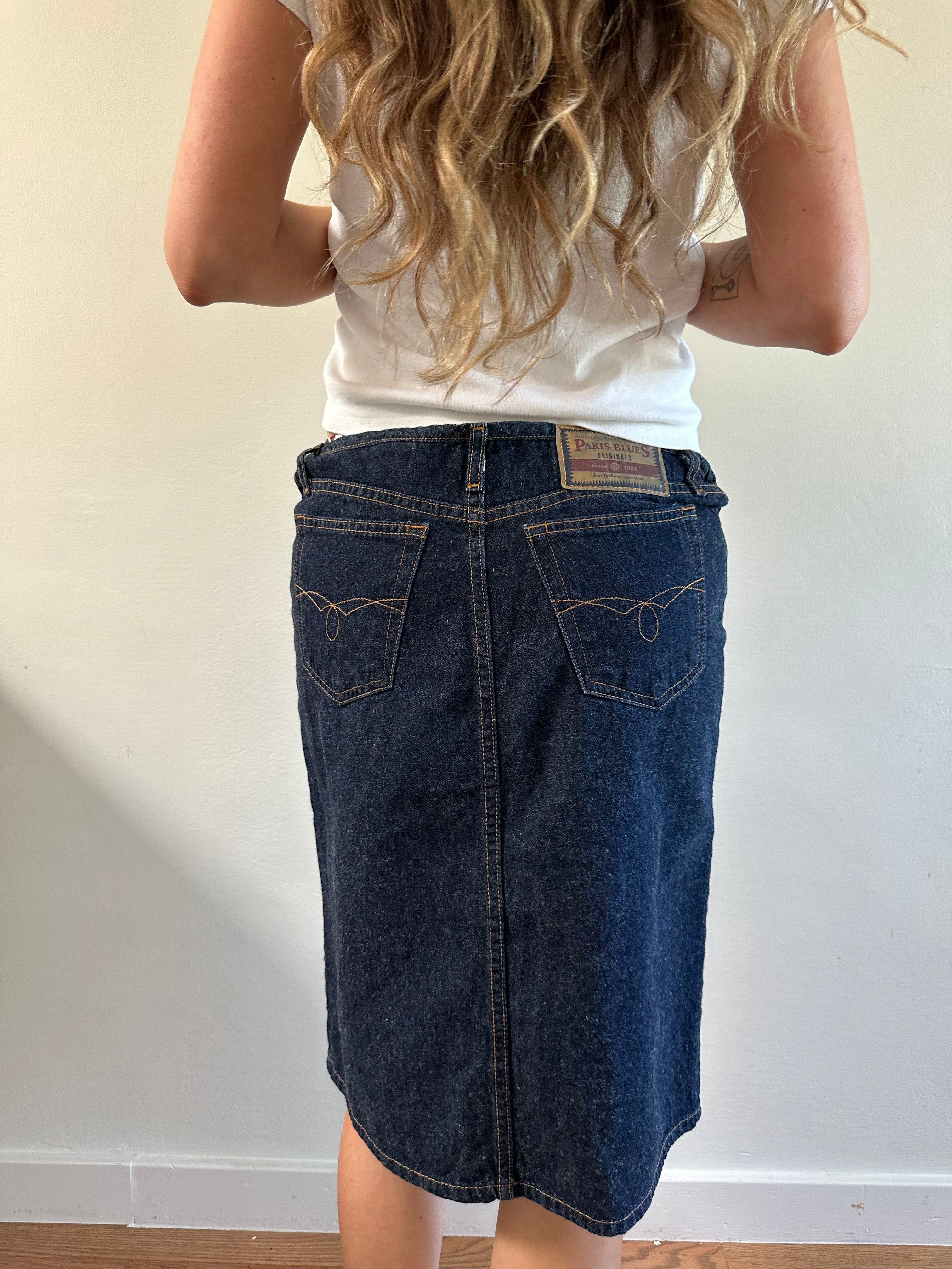 Y2K Paris Blues Dark Wash Denim Midi Skirt