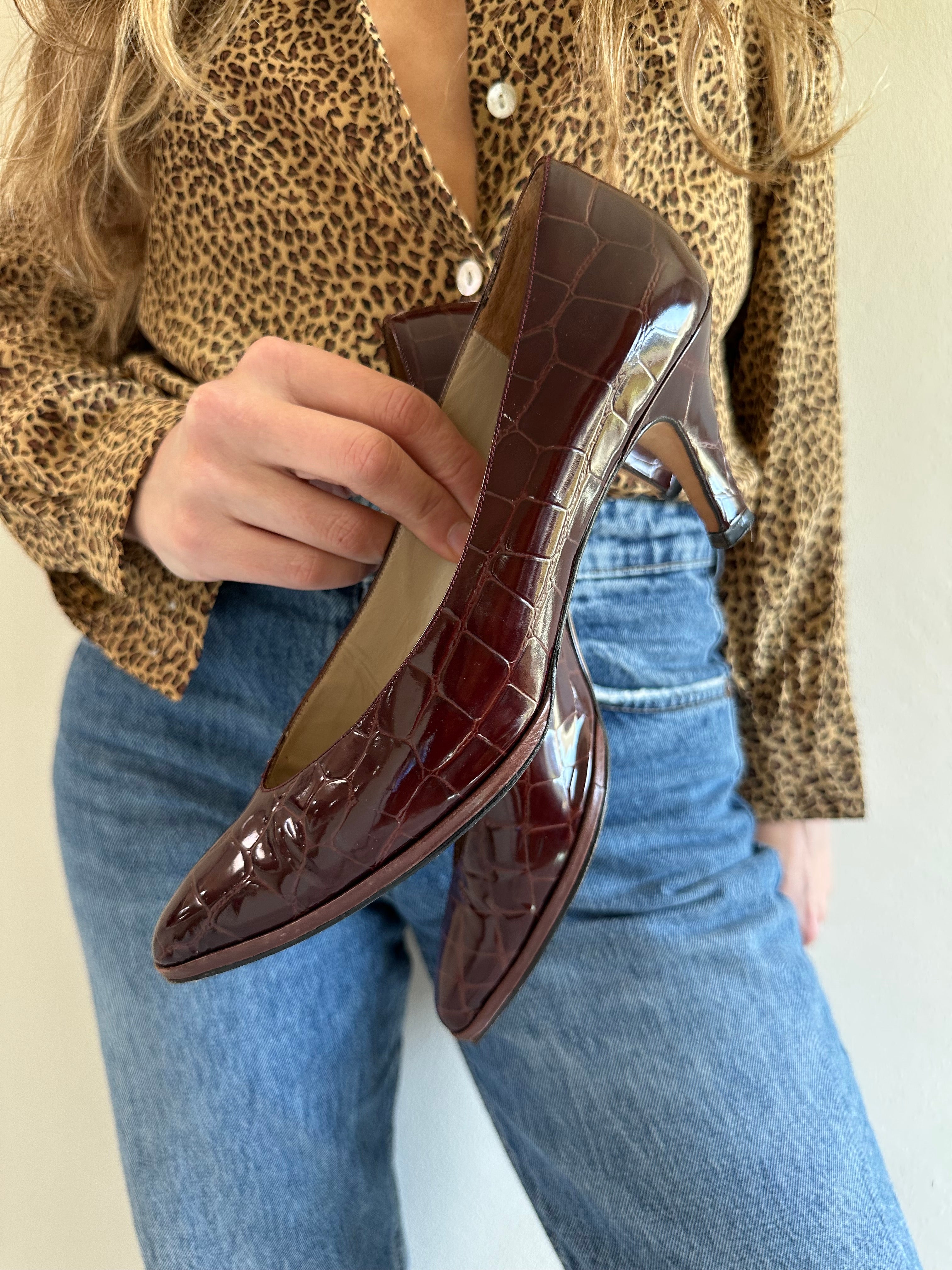 Croc Embossed Kitten Heel Pumps