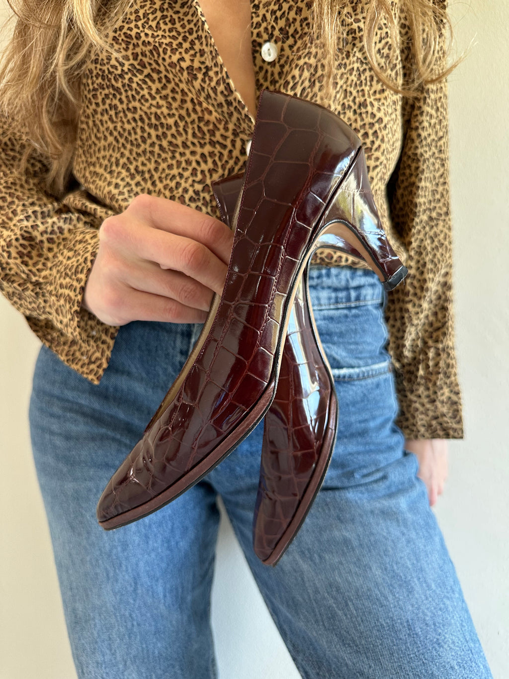 Croc Embossed Kitten Heel Pumps