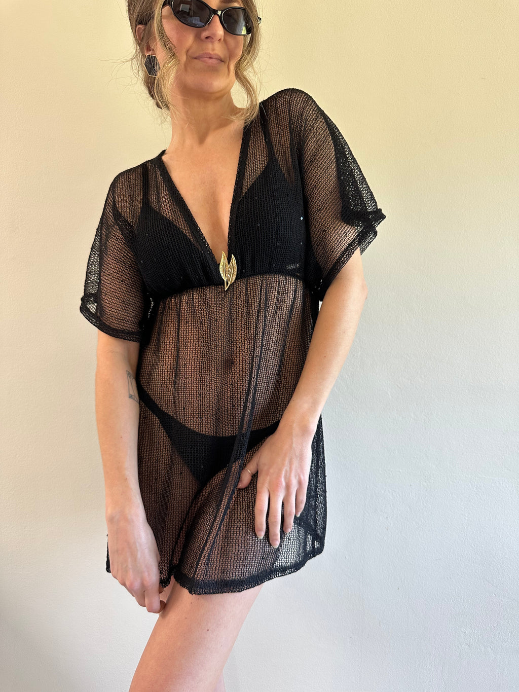 Jordan Taylor Sequin Mesh Cover-Up Dress & Leaf Brooch