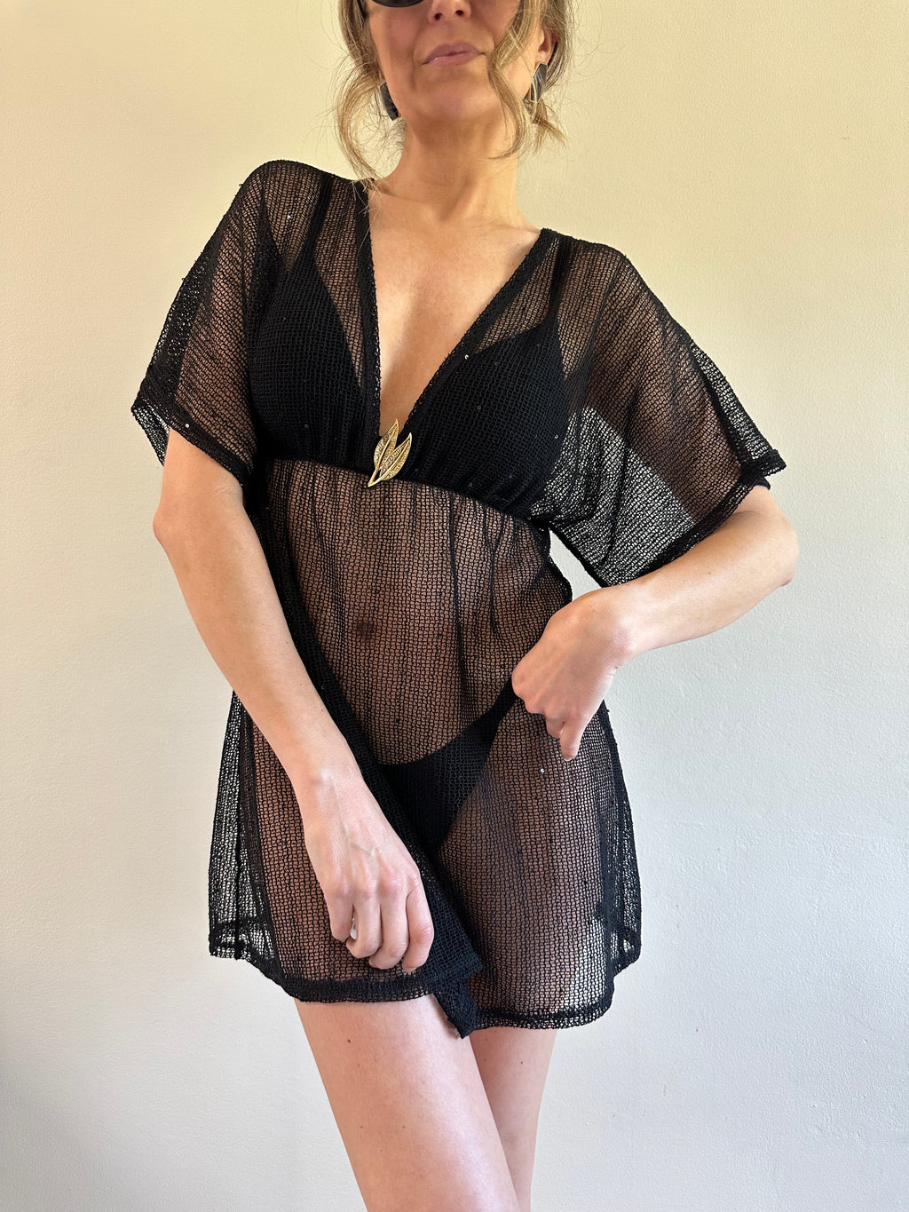 Jordan Taylor Sequin Mesh Cover-Up Dress & Leaf Brooch