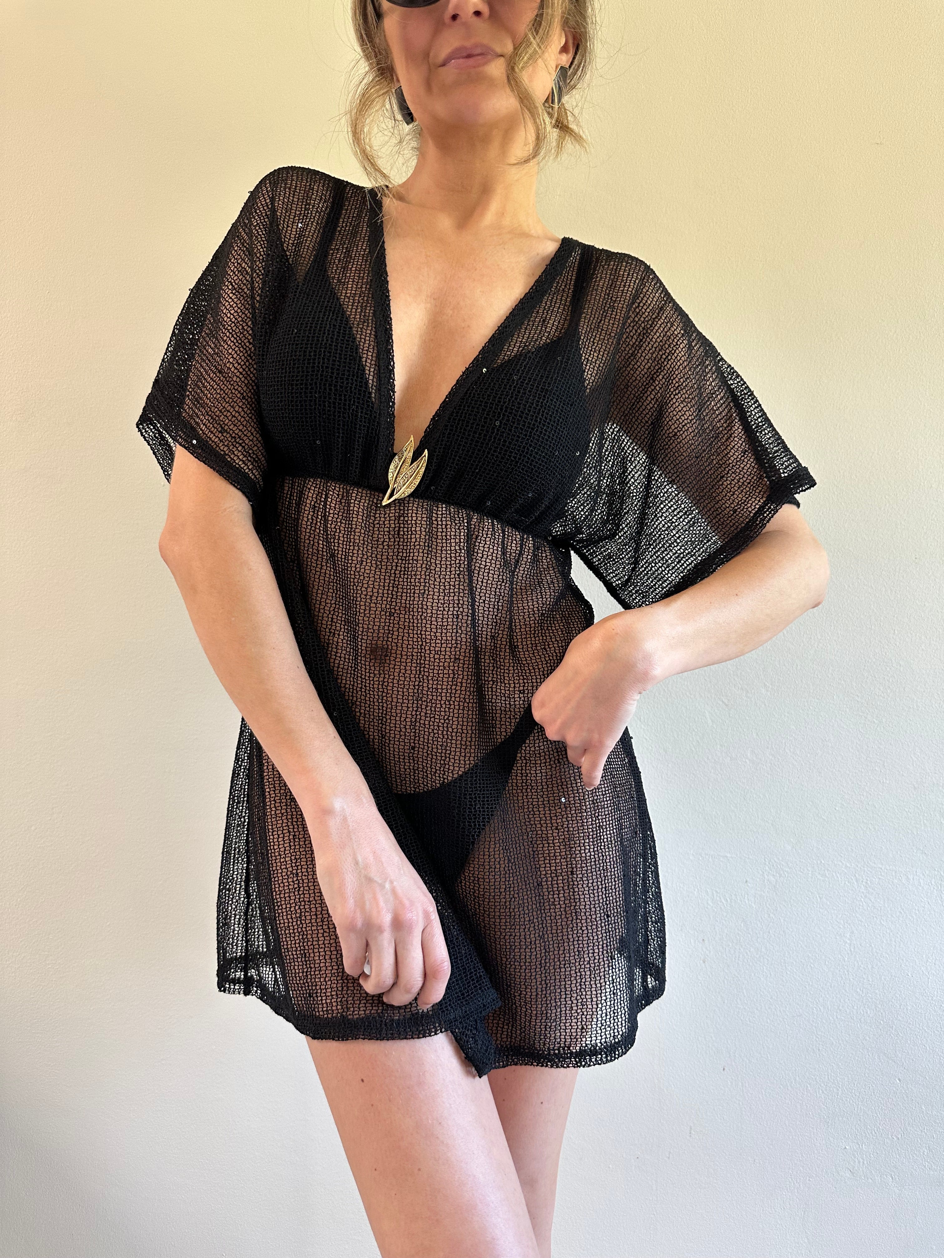 Jordan Taylor Sequin Mesh Cover-Up Dress & Leaf Brooch