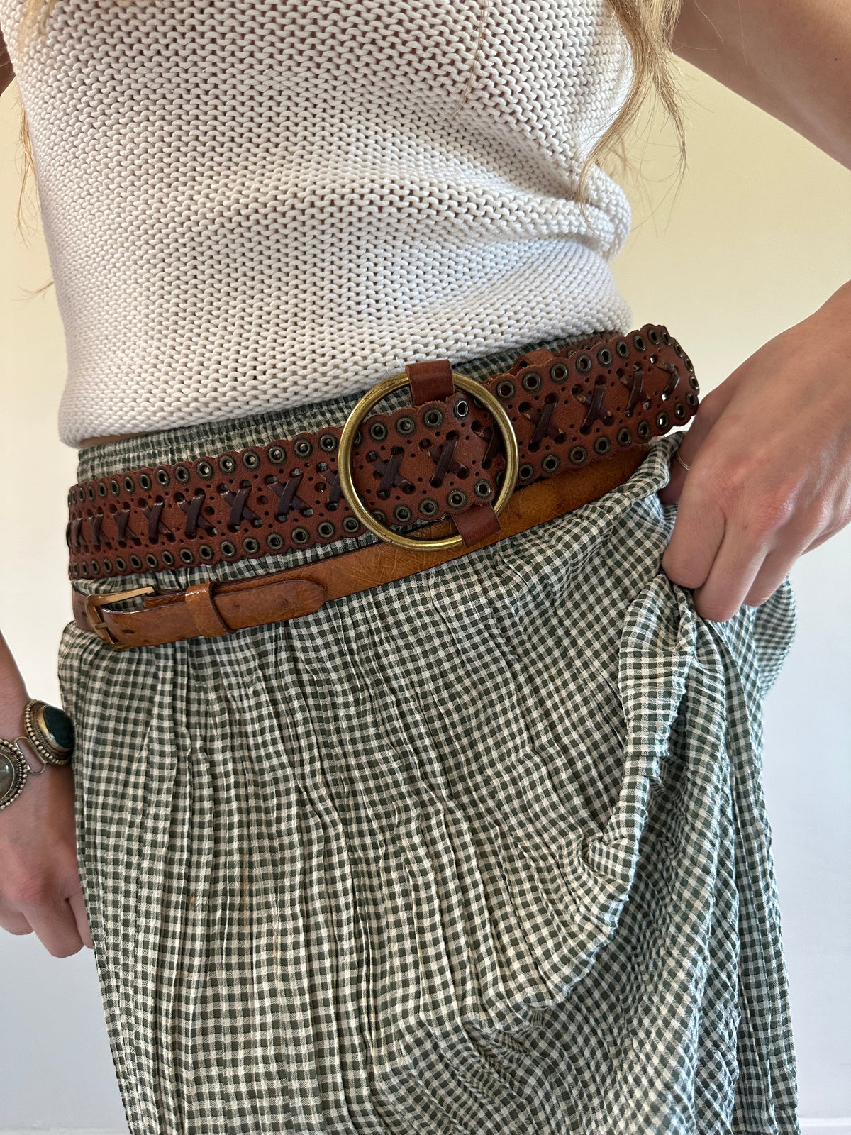 Wide Studded Leather Belt with Brass Ring Buckle