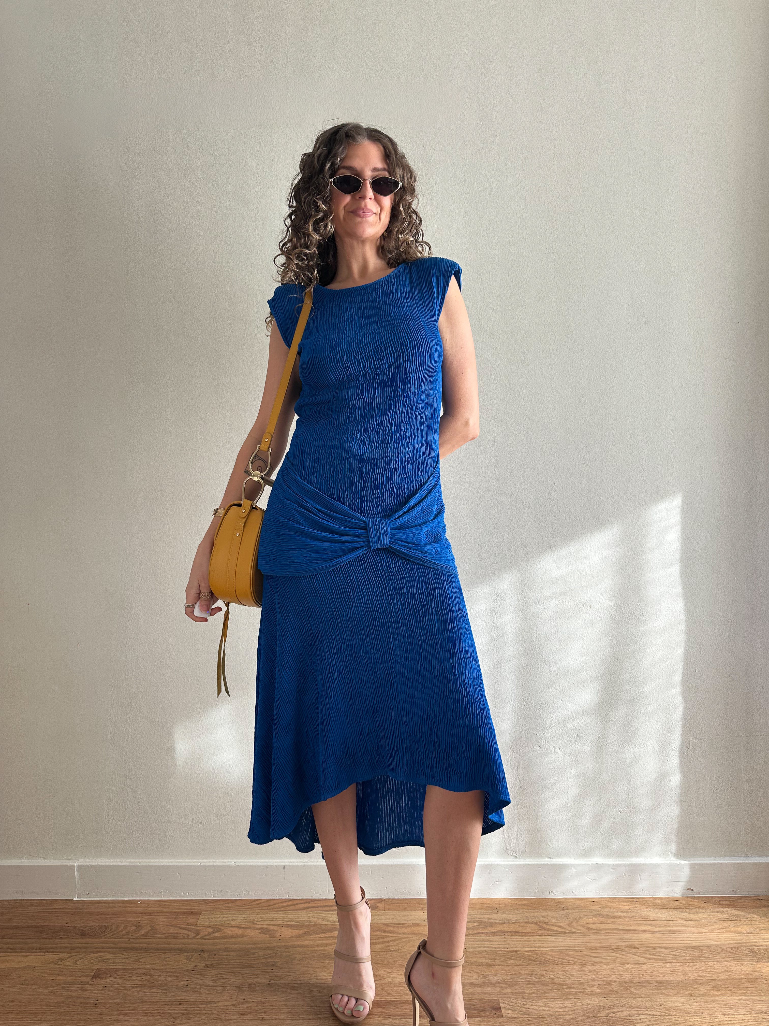 Plissé Drop Waist Midi Dress