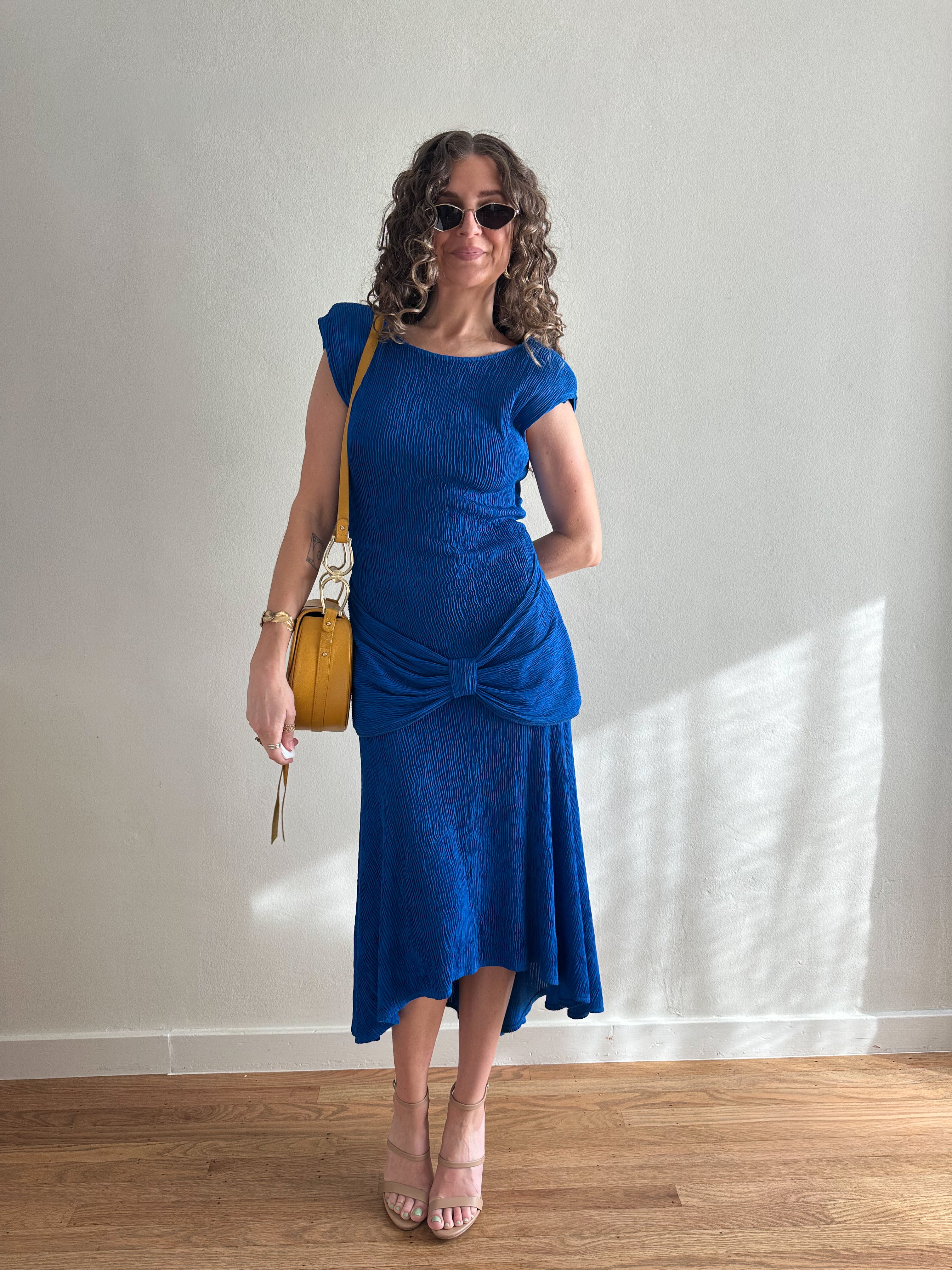 Plissé Drop Waist Midi Dress