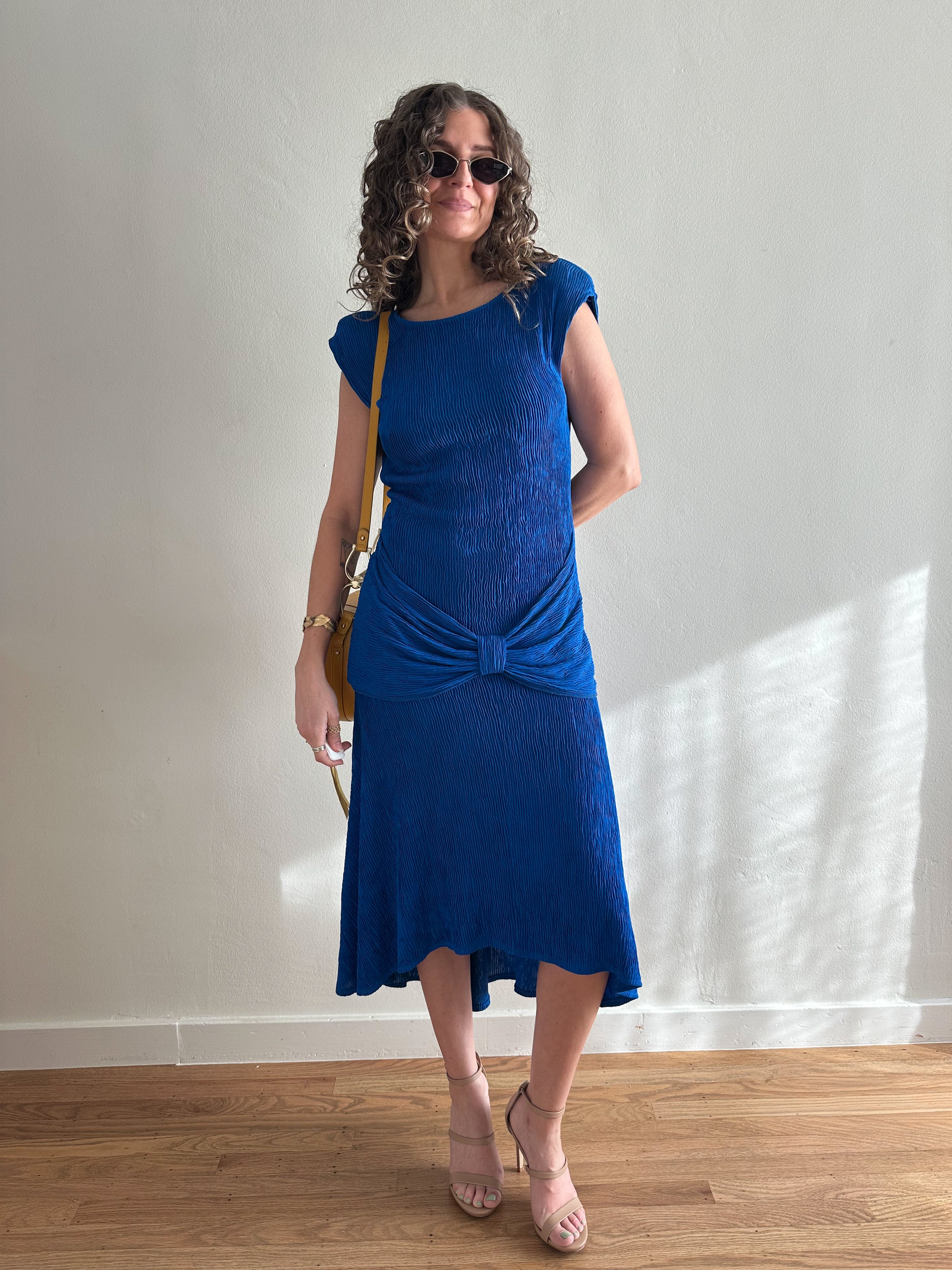 Plissé Drop Waist Midi Dress