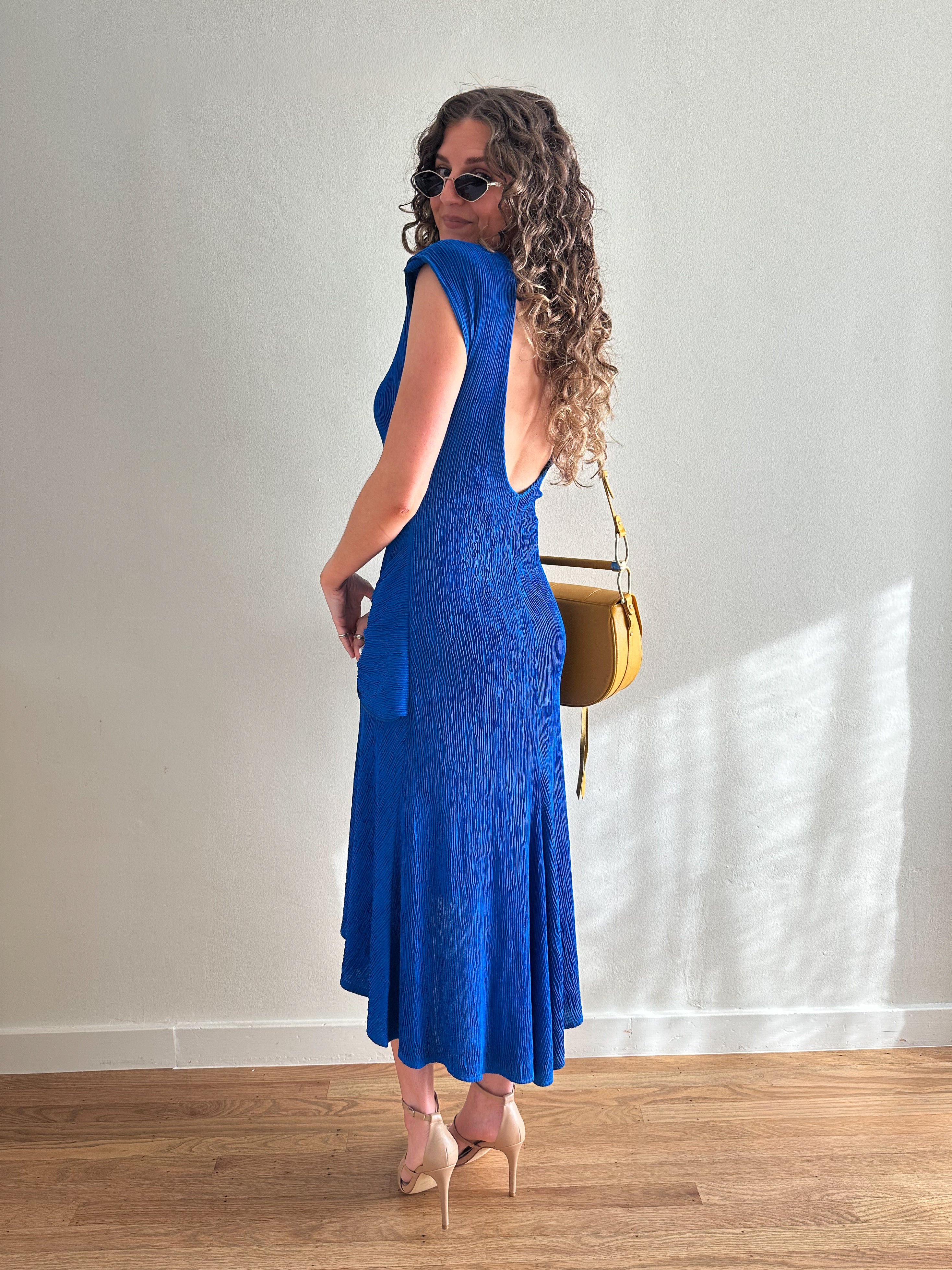 Plissé Drop Waist Midi Dress