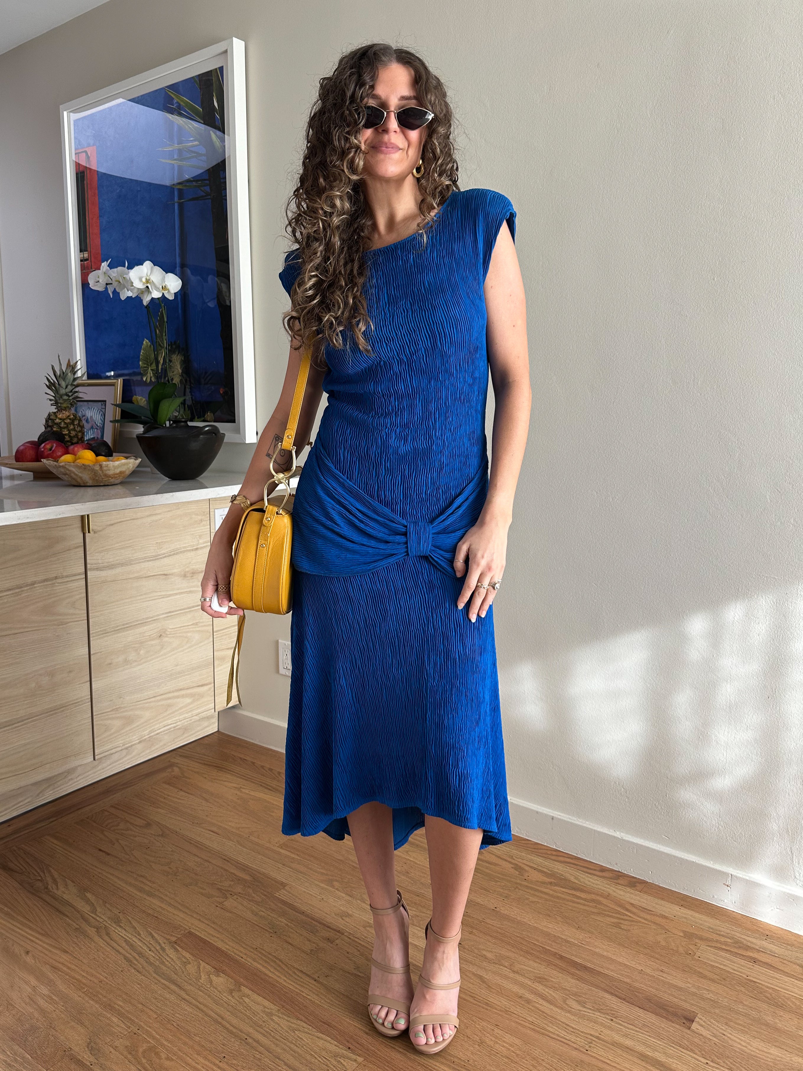 Plissé Drop Waist Midi Dress