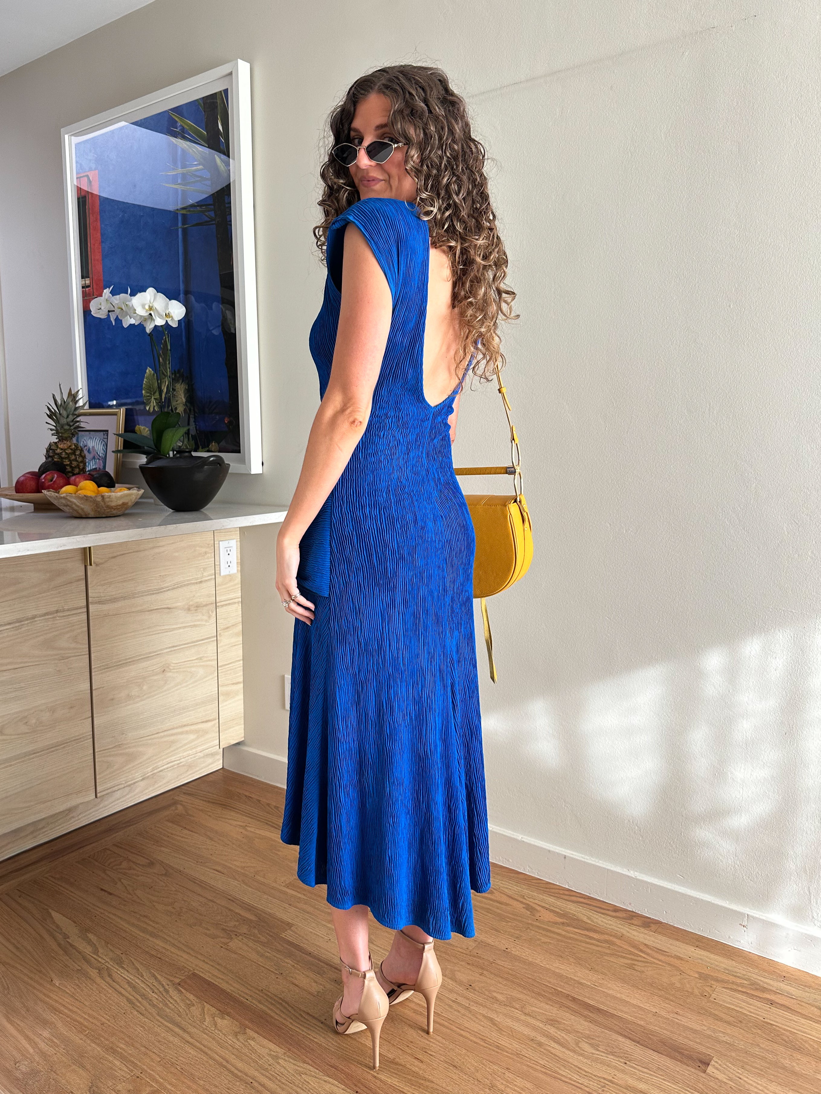 Plissé Drop Waist Midi Dress