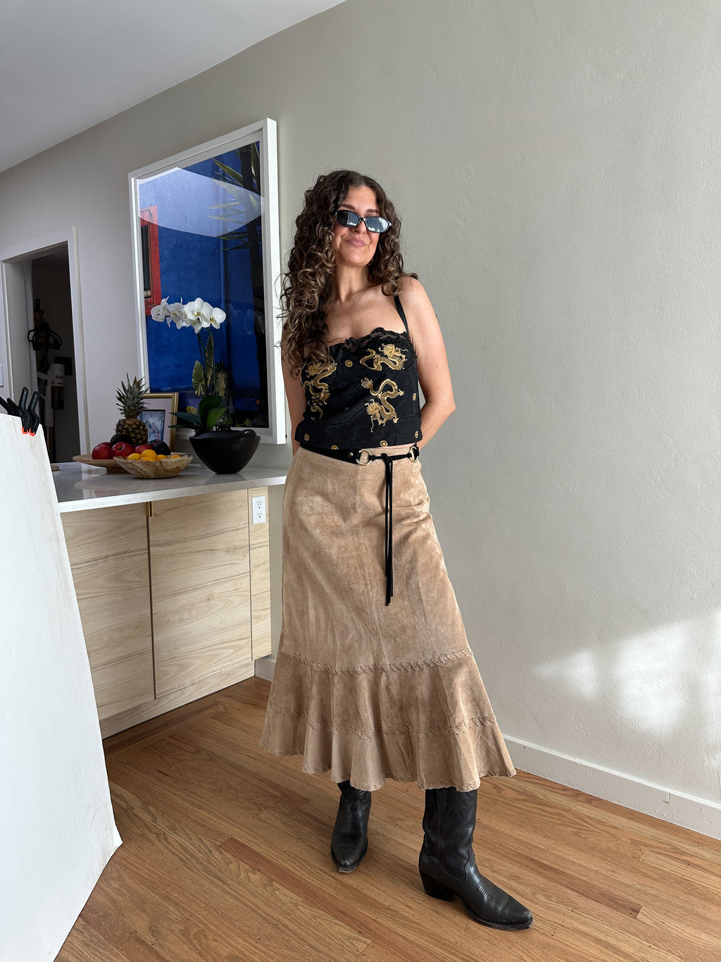 Chico's Whipstitch Tiered Suede Midi Skirt