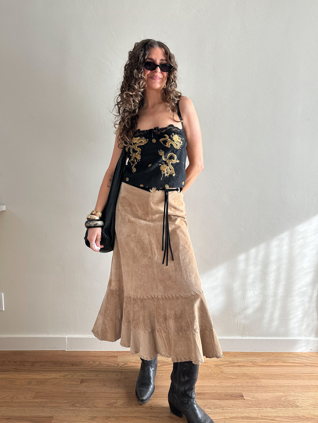 Chico's Whipstitch Tiered Suede Midi Skirt
