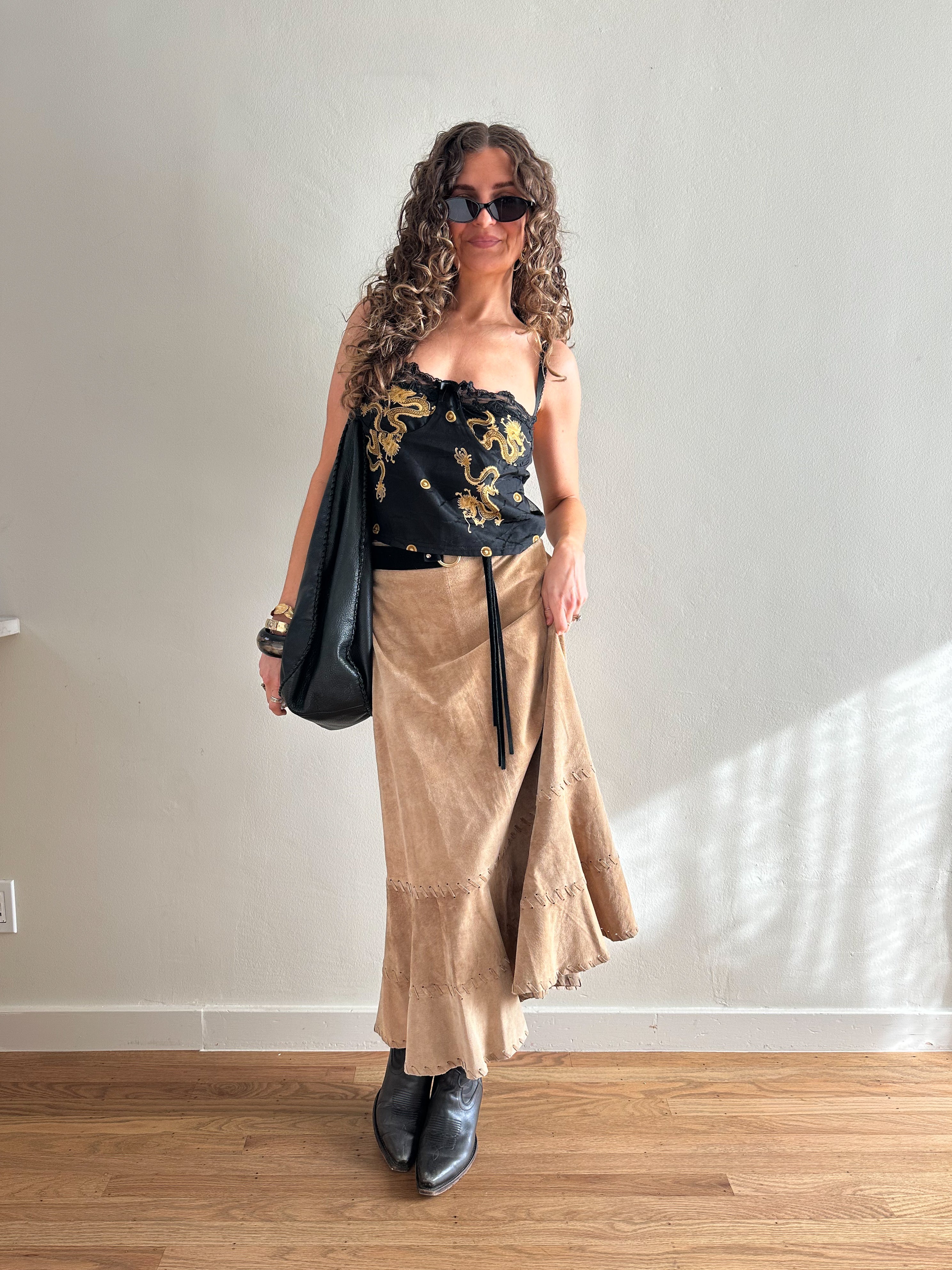 Chico's Whipstitch Tiered Suede Midi Skirt