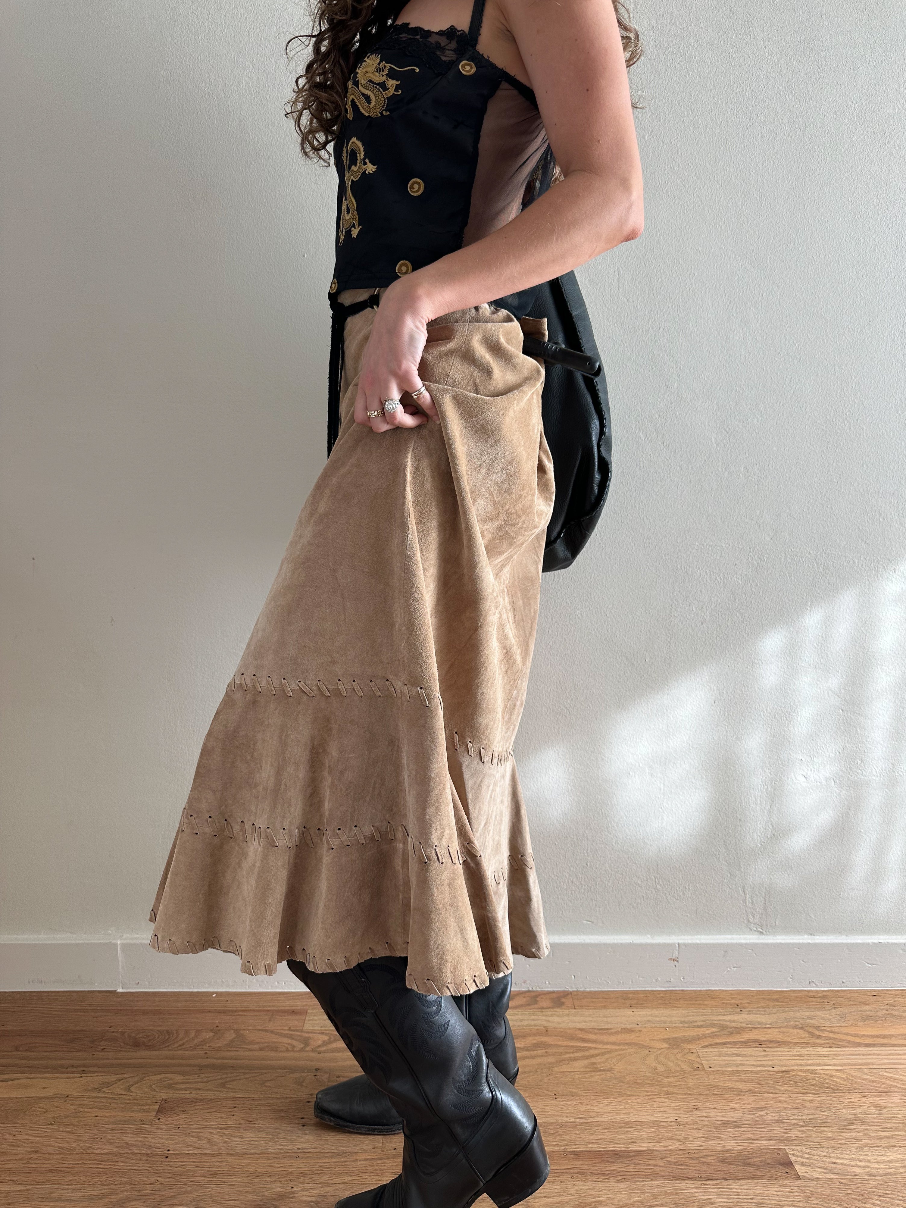 Chico's Whipstitch Tiered Suede Midi Skirt