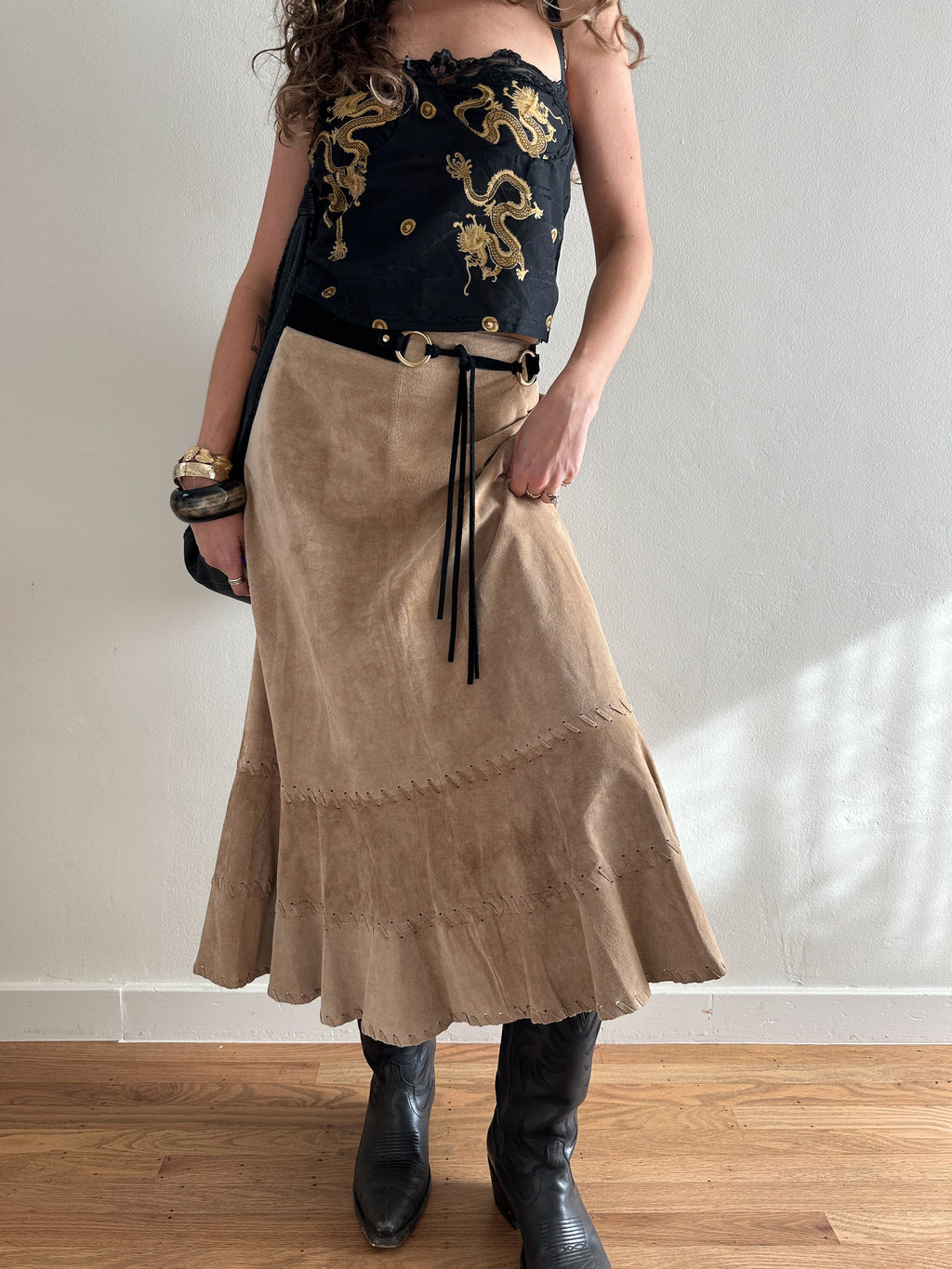 Chico's Whipstitch Tiered Suede Midi Skirt
