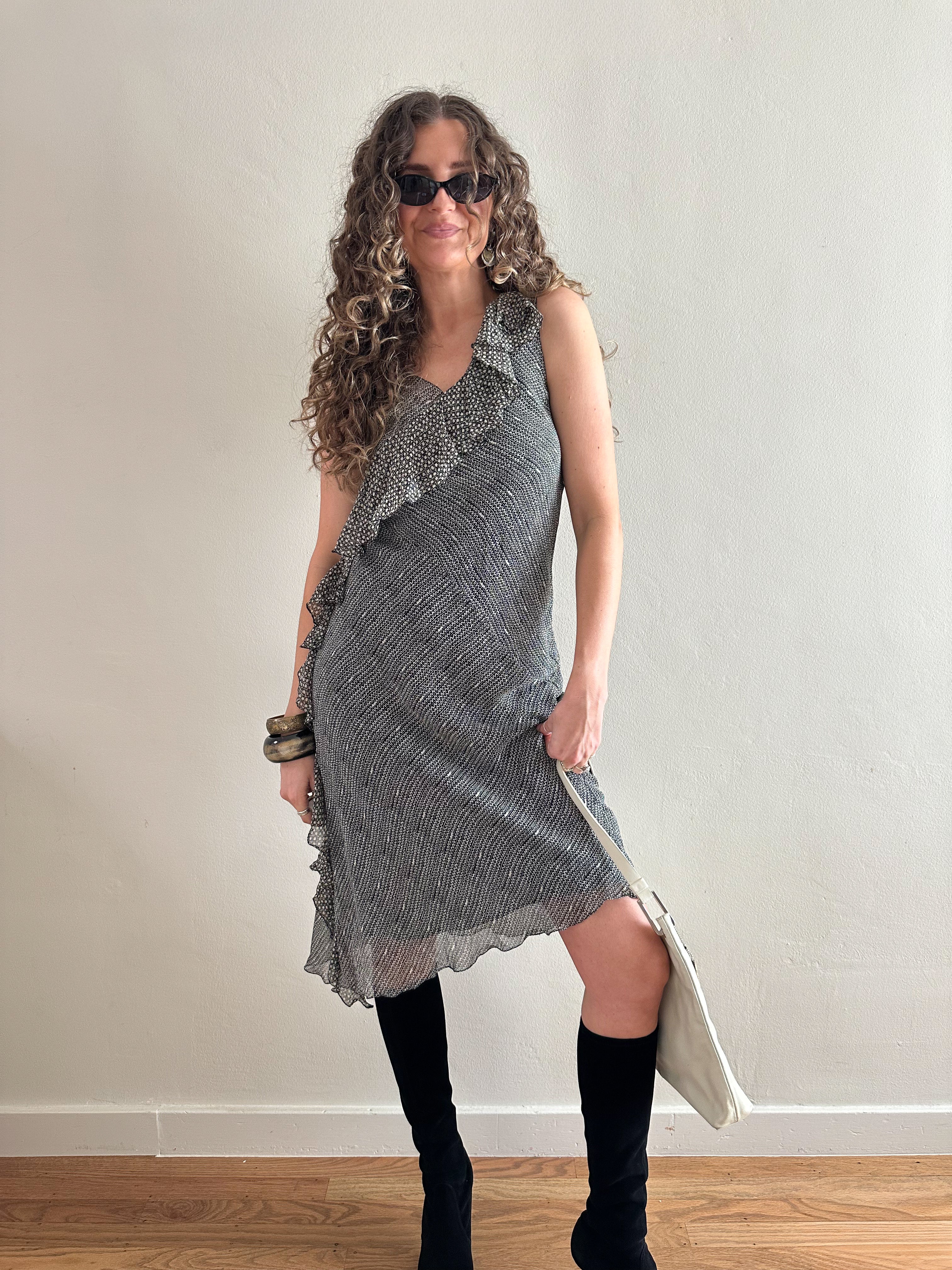 Y2k Bias Cut Ruffle Silk Slip Dress