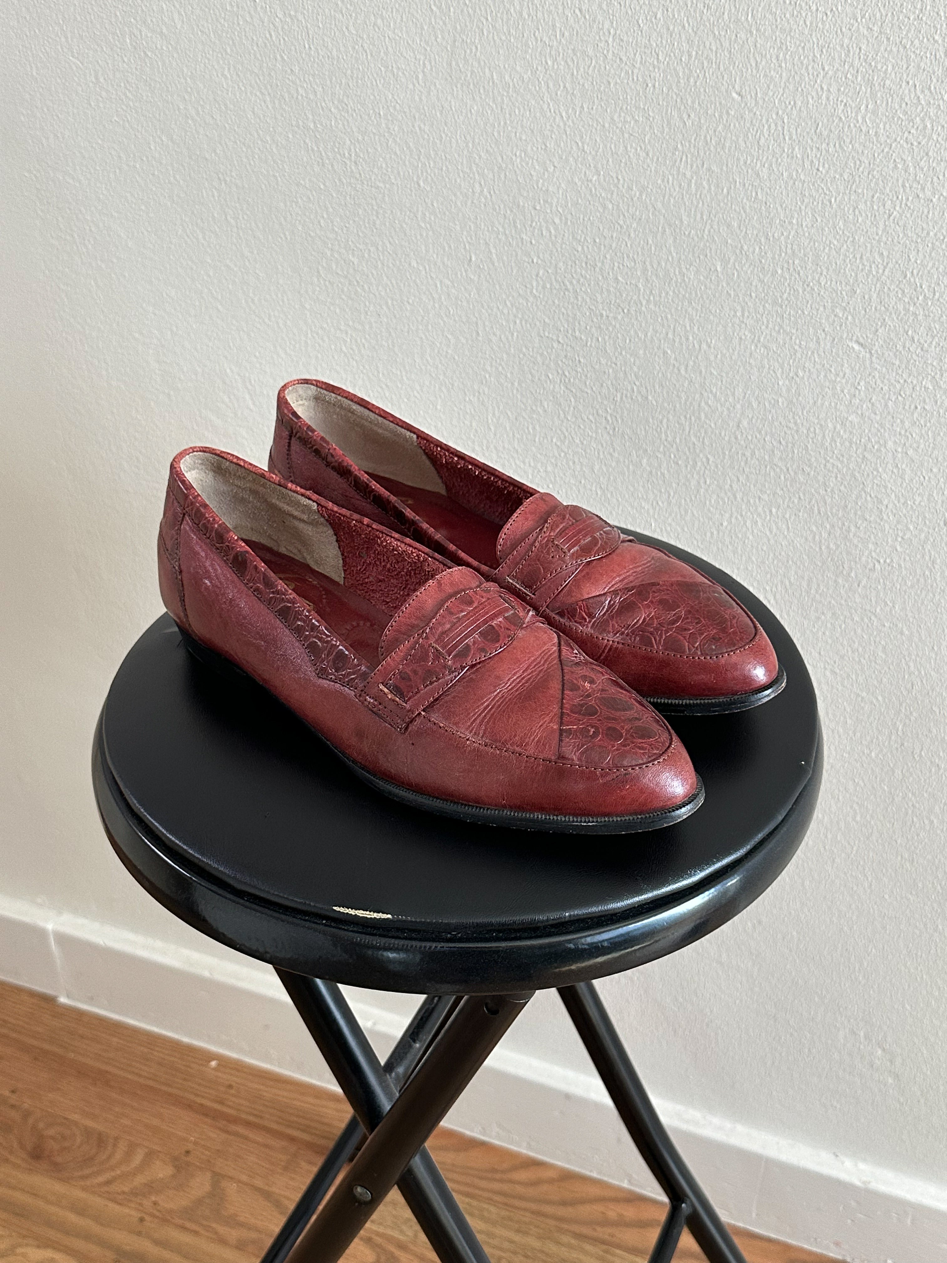 Burnished Leather Croc-Embossed Penny Loafers
