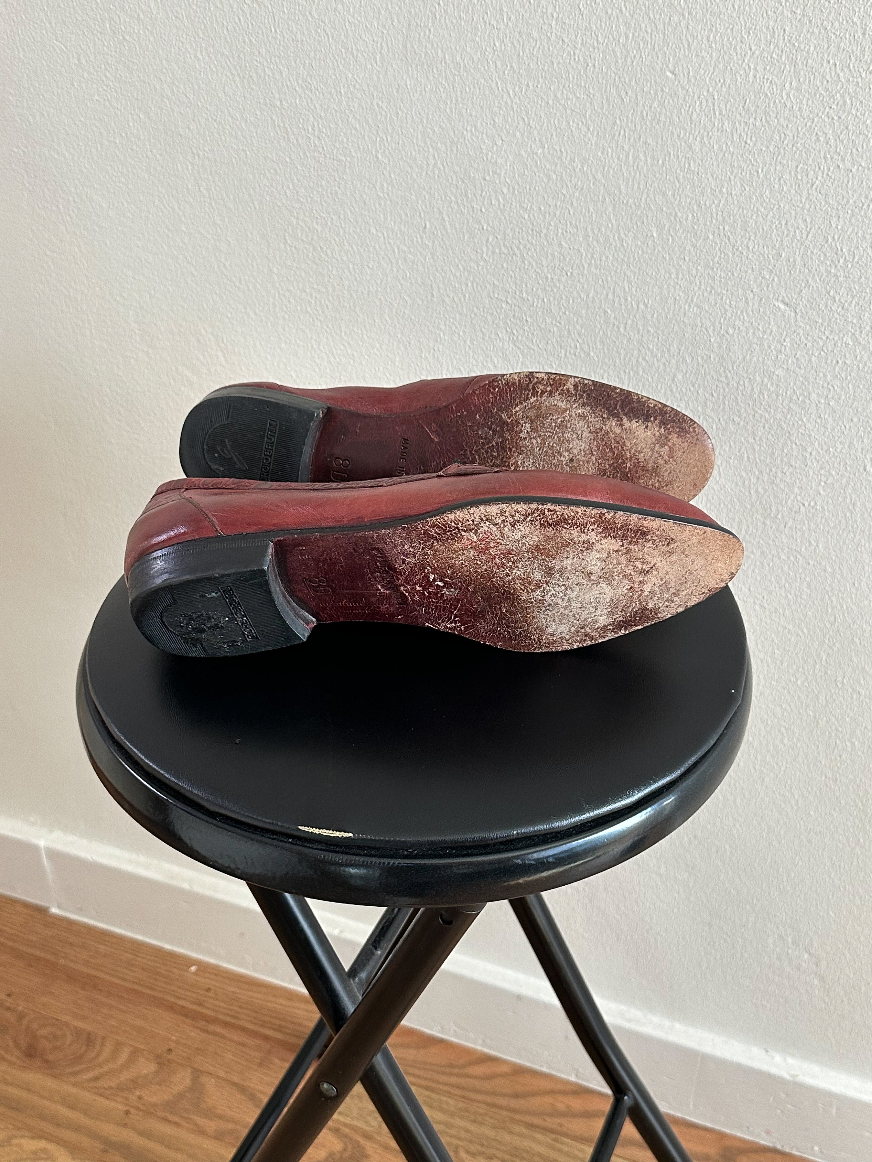 Burnished Leather Croc-Embossed Penny Loafers