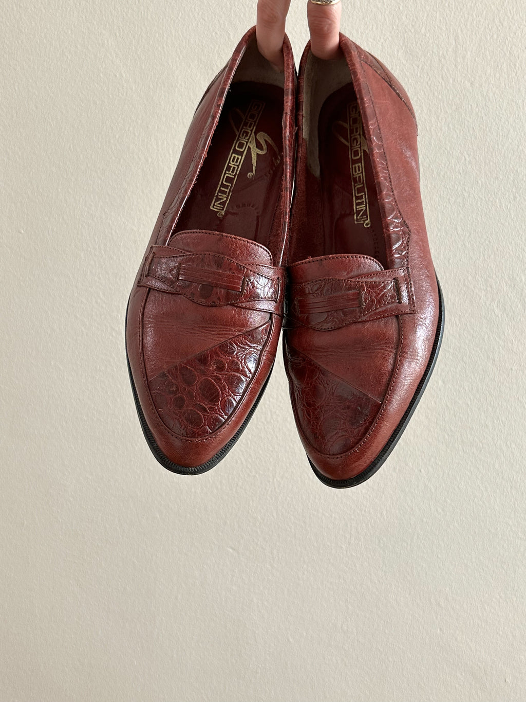 Burnished Leather Croc-Embossed Penny Loafers