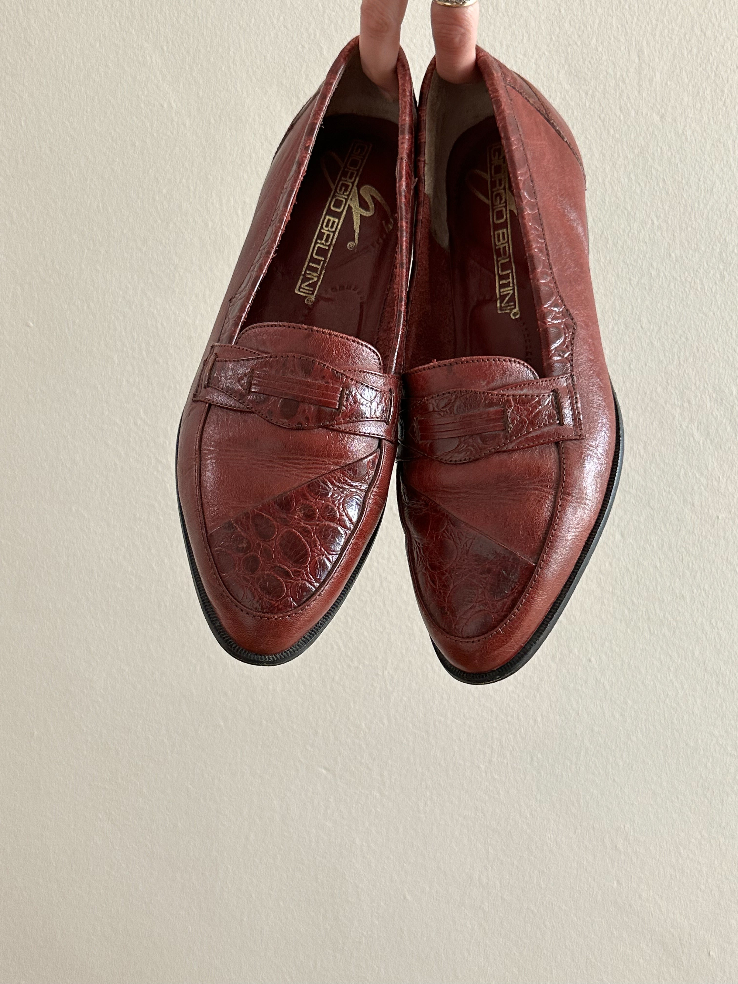 Burnished Leather Croc-Embossed Penny Loafers