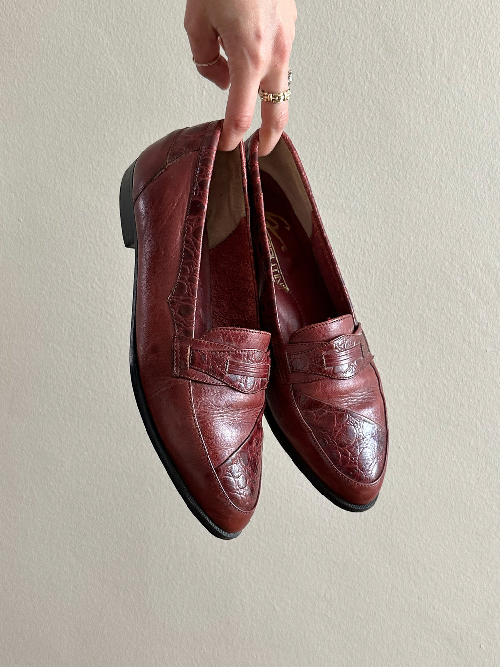 Burnished Leather Croc-Embossed Penny Loafers