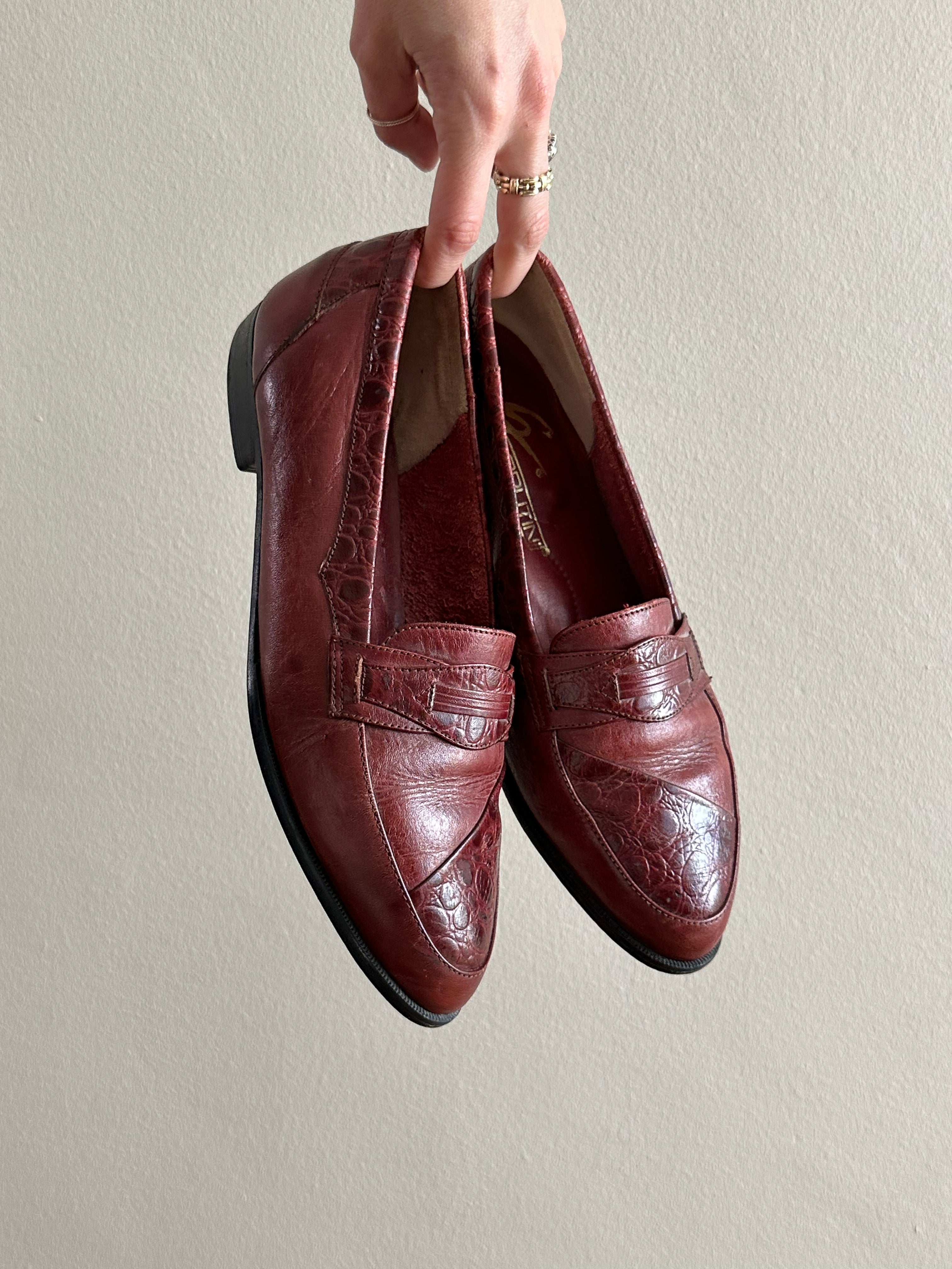 Burnished Leather Croc-Embossed Penny Loafers