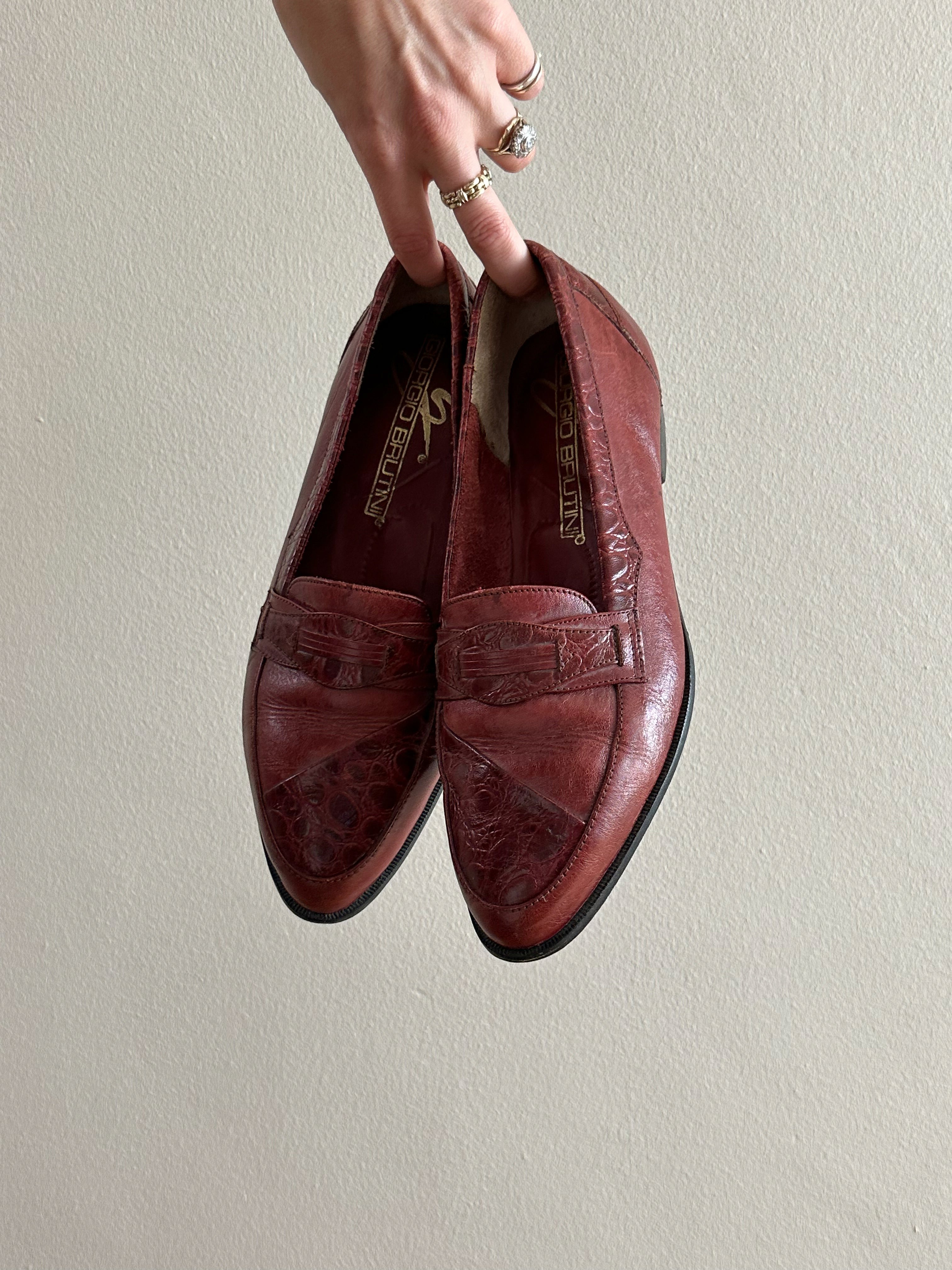 Burnished Leather Croc-Embossed Penny Loafers