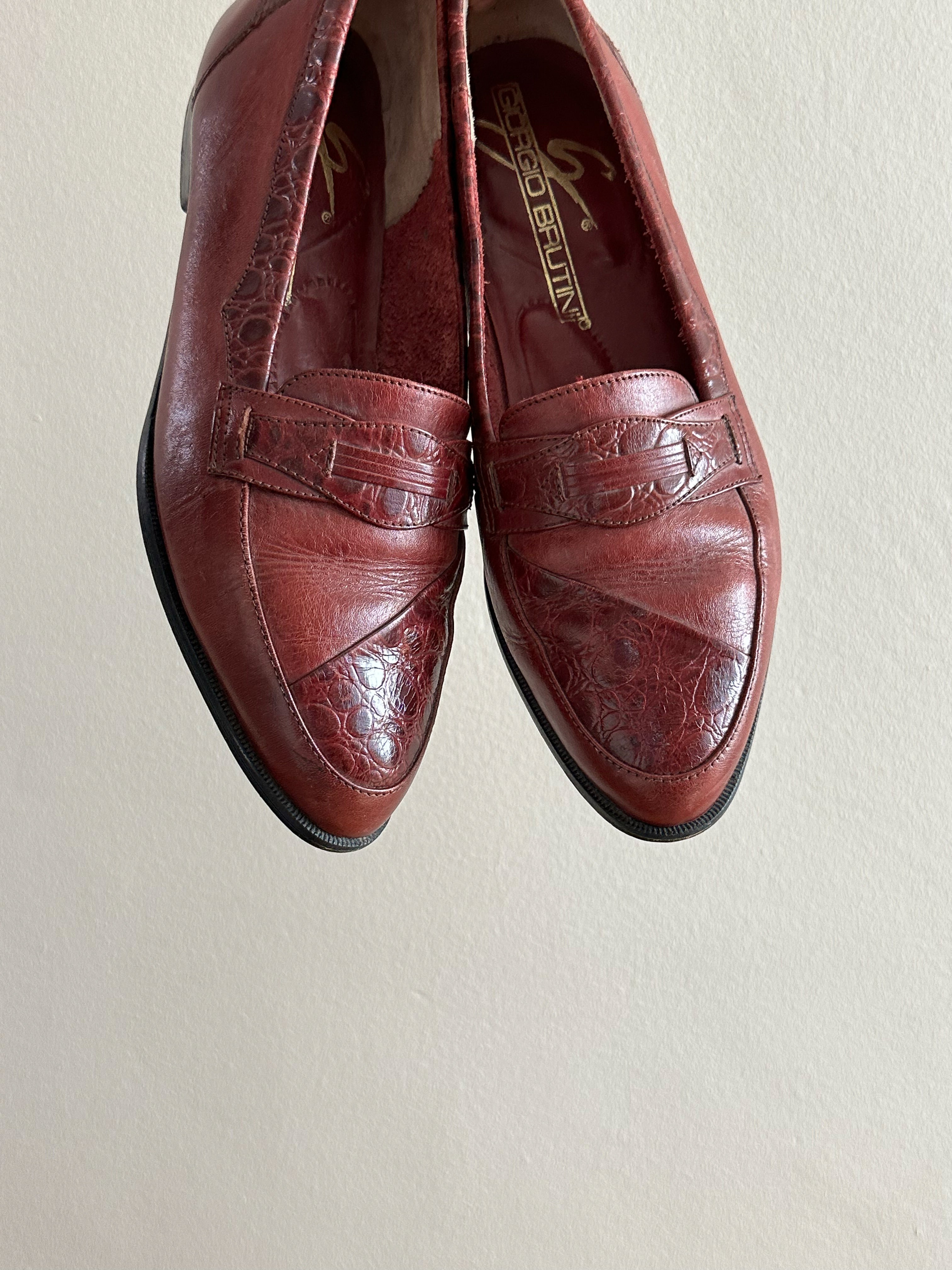 Burnished Leather Croc-Embossed Penny Loafers