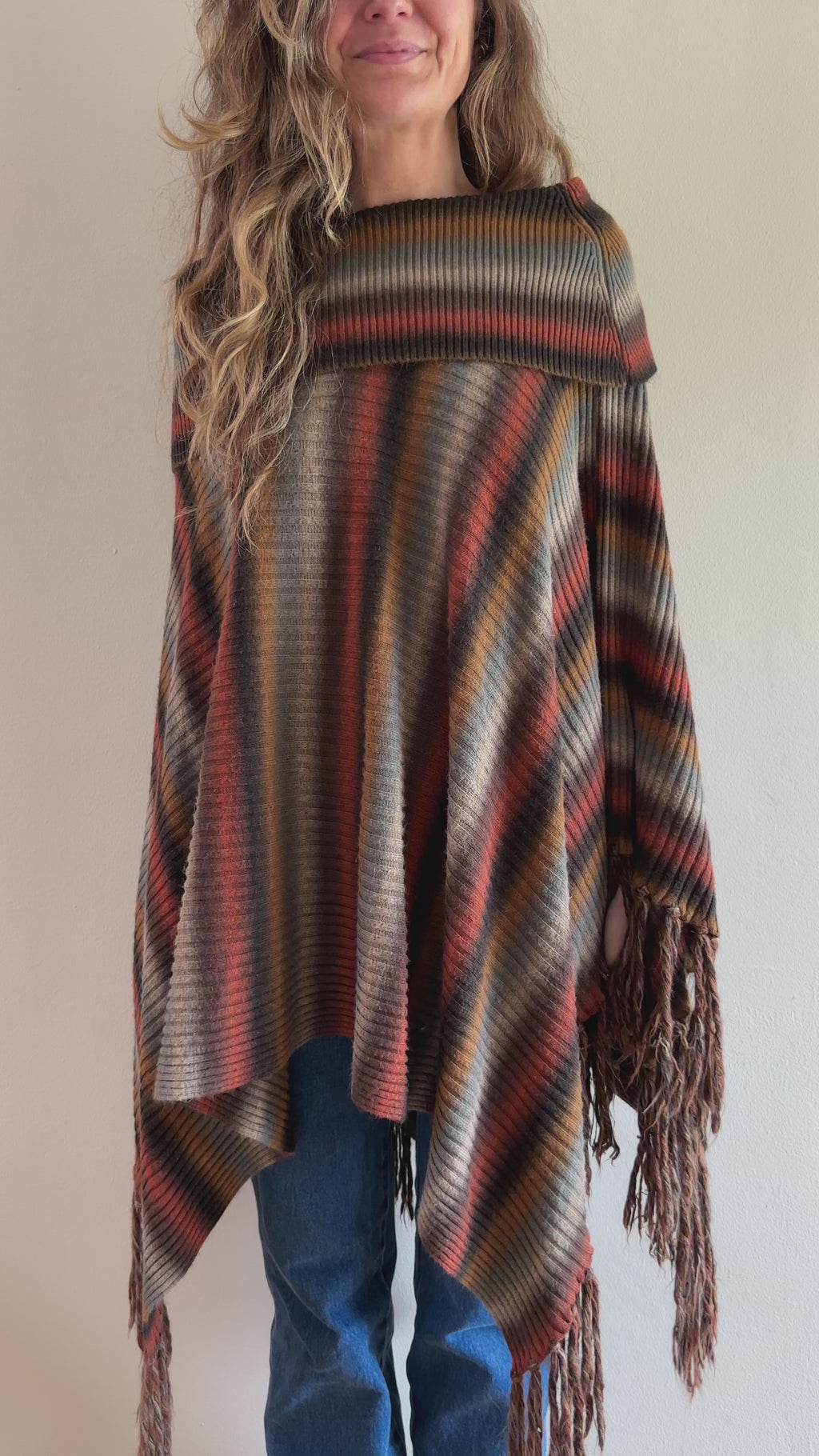 Striped Fringe Knit Poncho