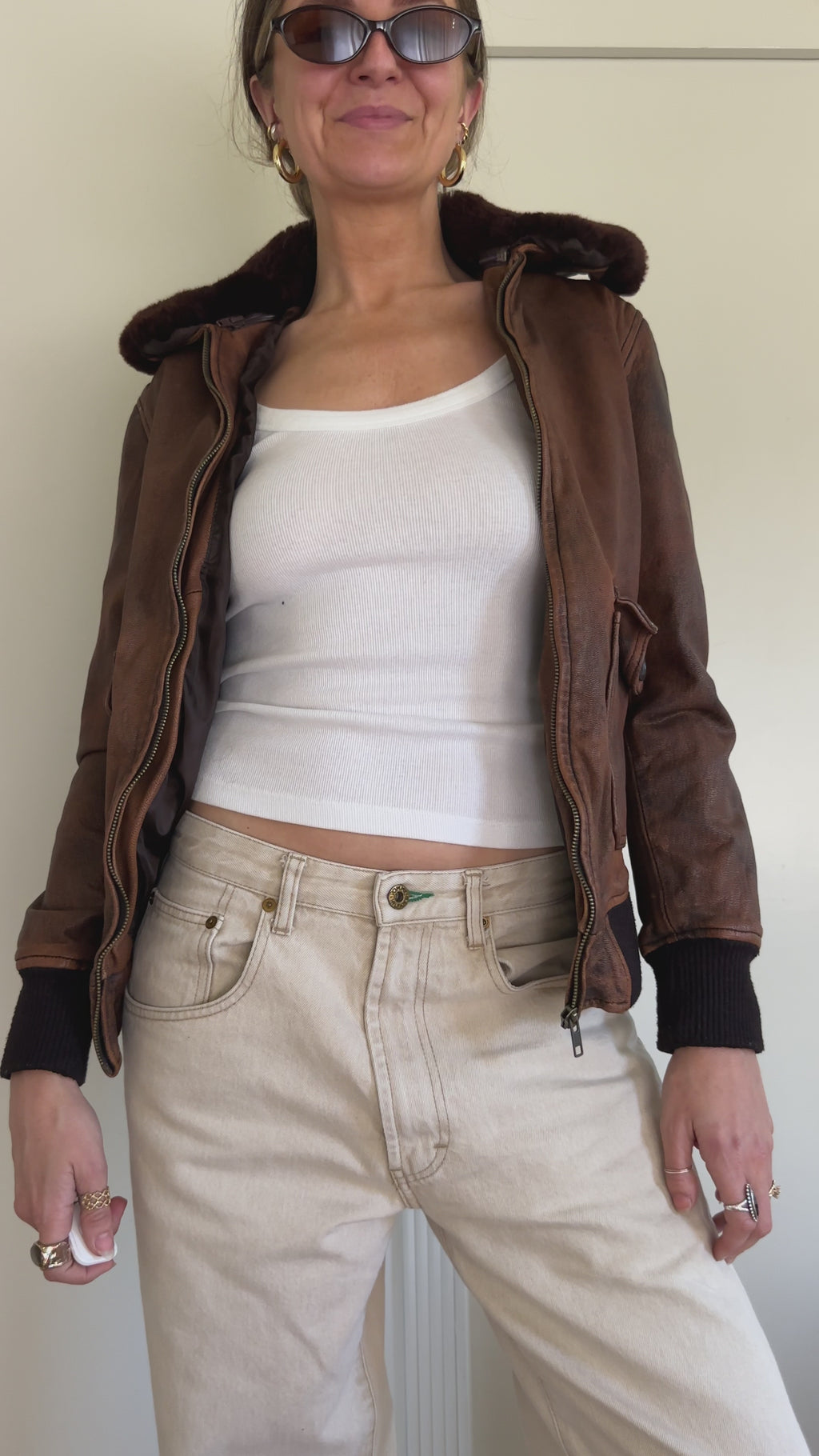Distressed Leather Bomber Jacket with Shearling Collar