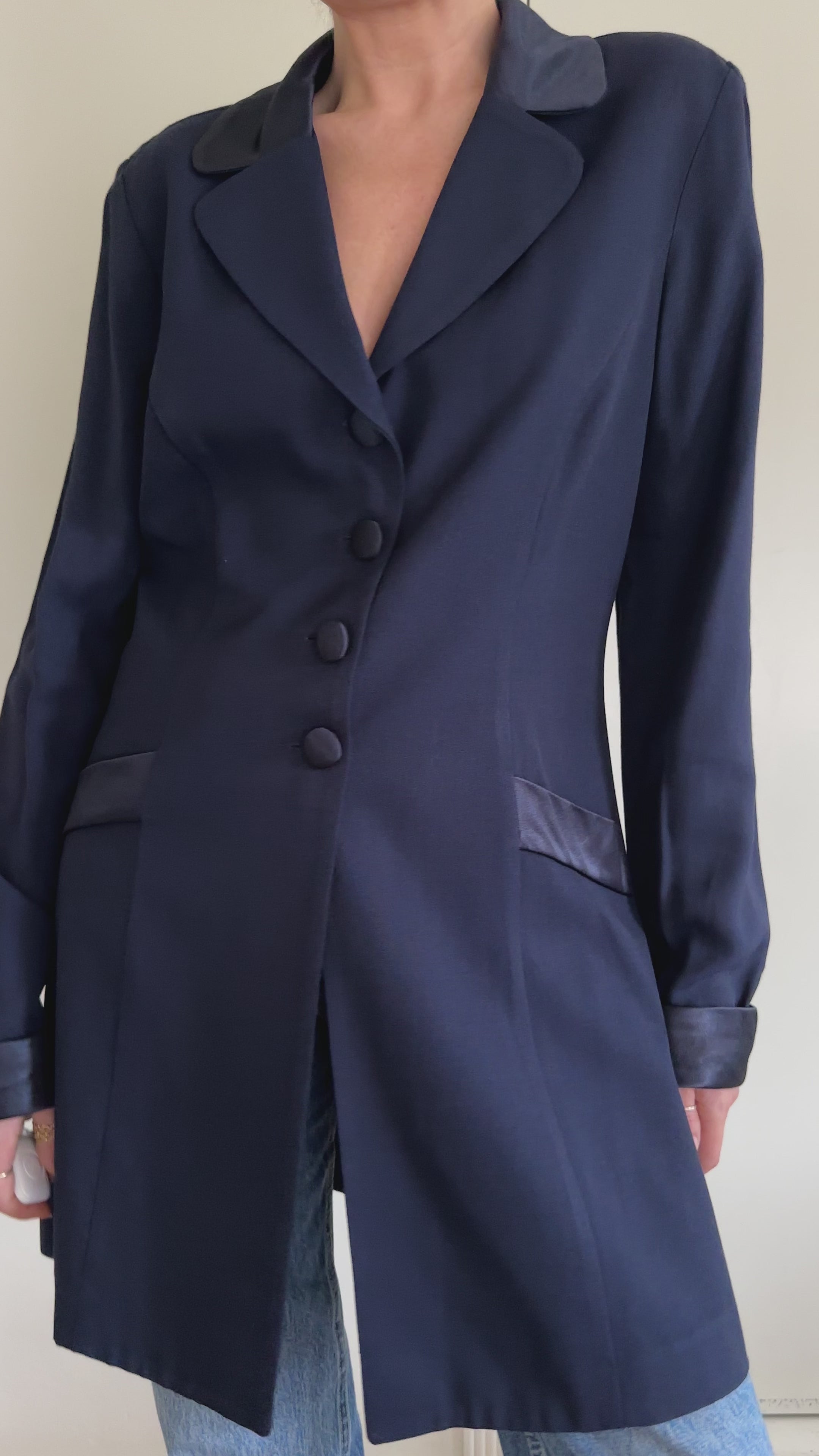 90s Satin-Trim Longline Navy Blazer