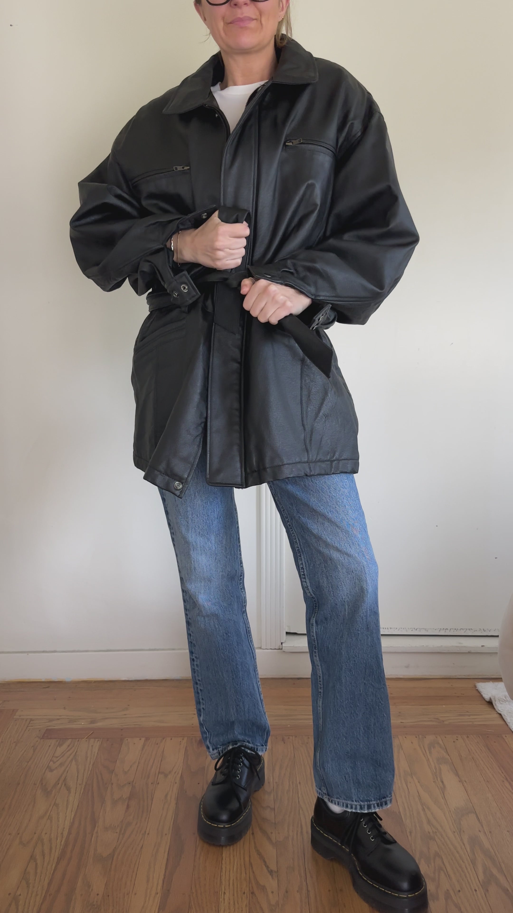 Wilsons Black Leather Belted Coat