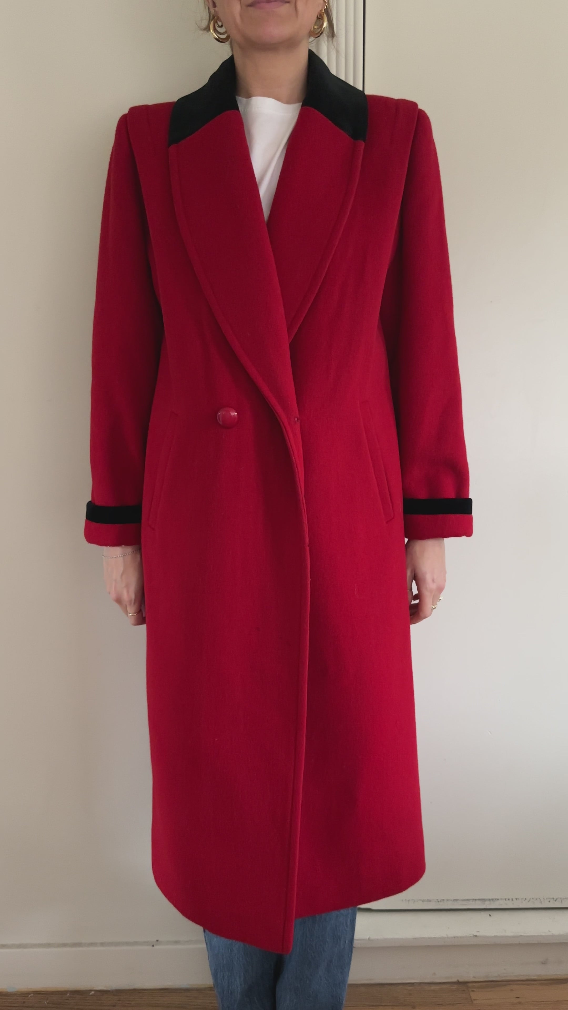 Red Wool Coat with Velvet Trim