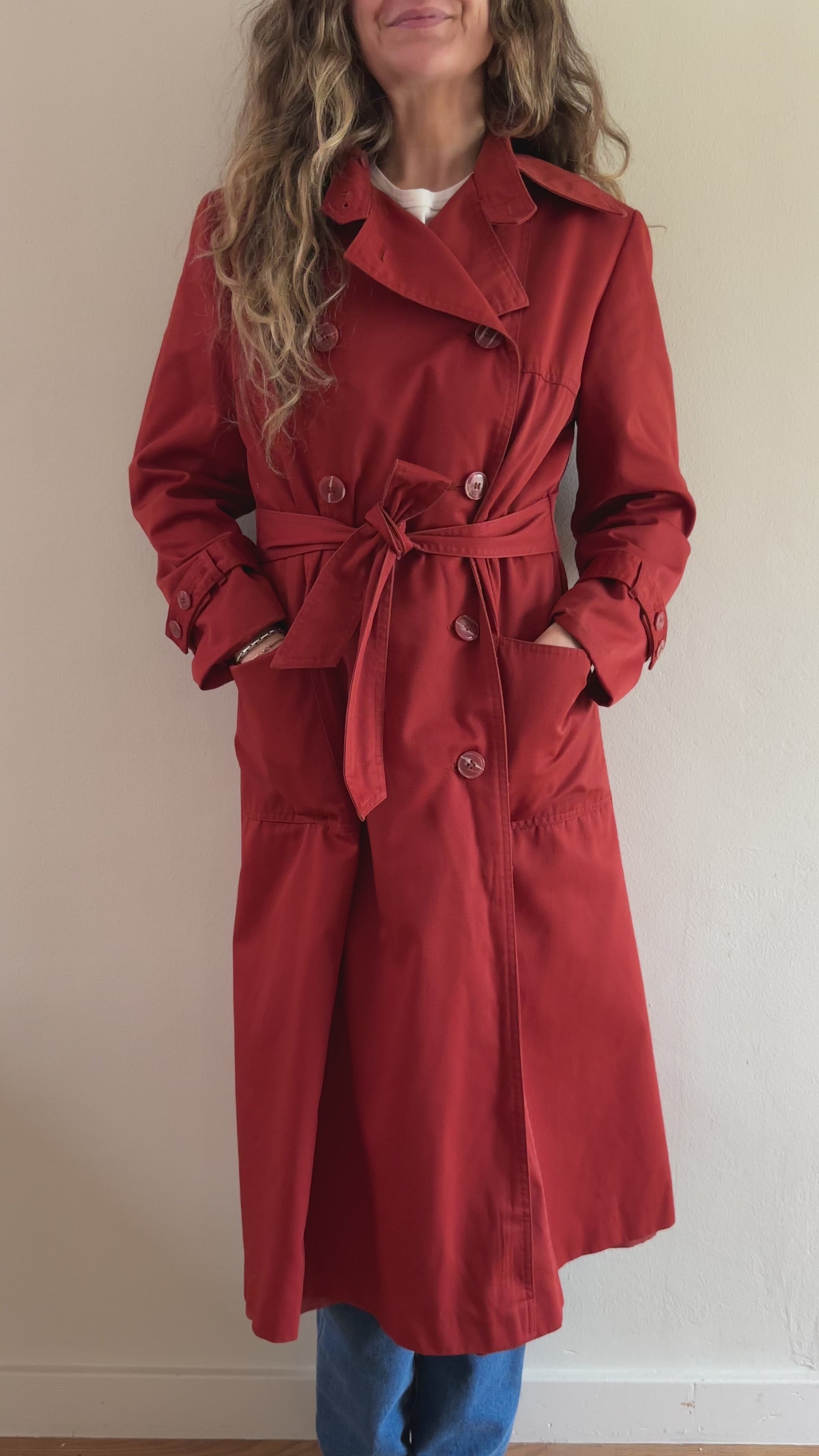 70s Red Trench Coat with Plaid Zip-Out Liner