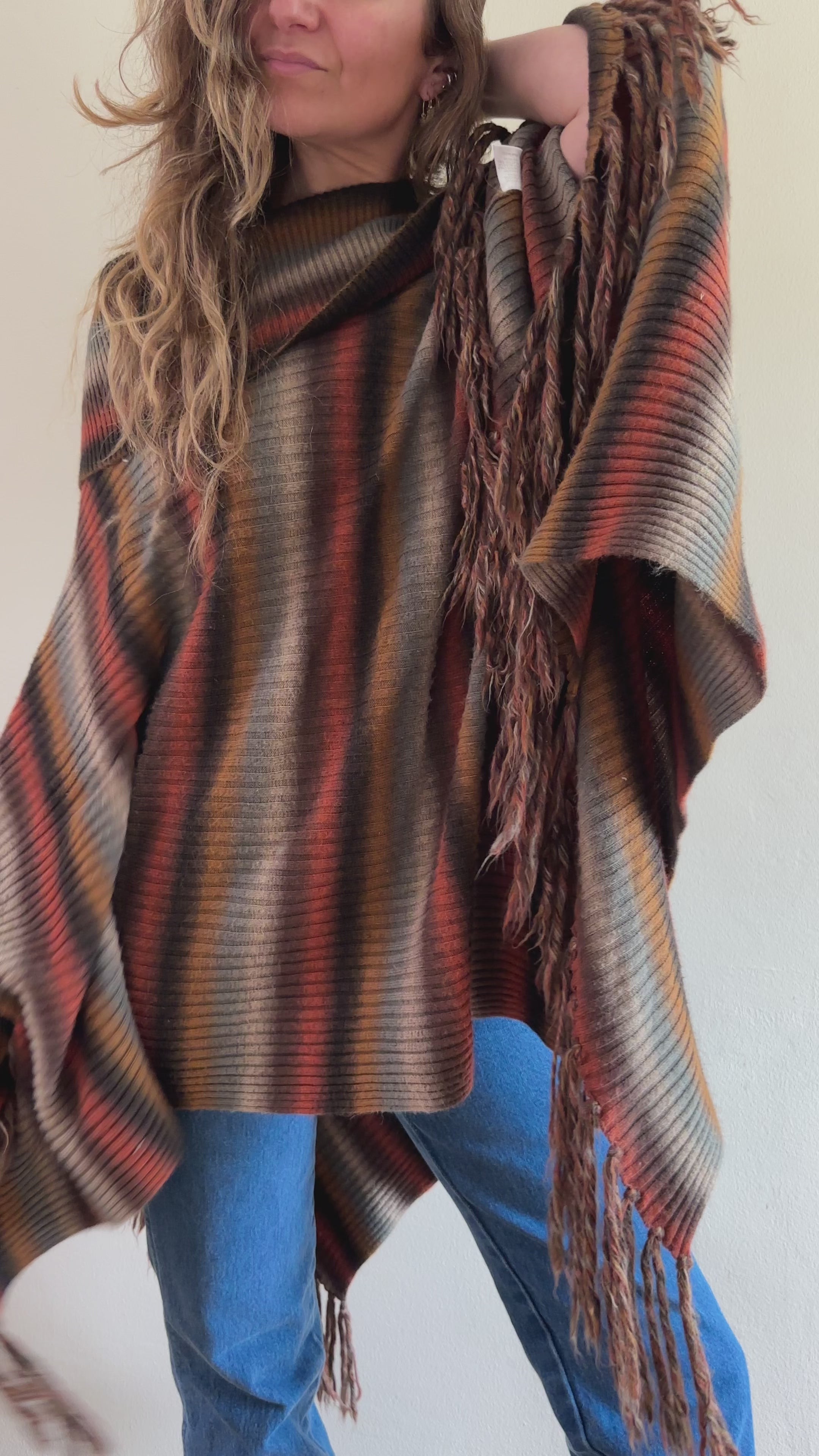 Striped Fringe Knit Poncho