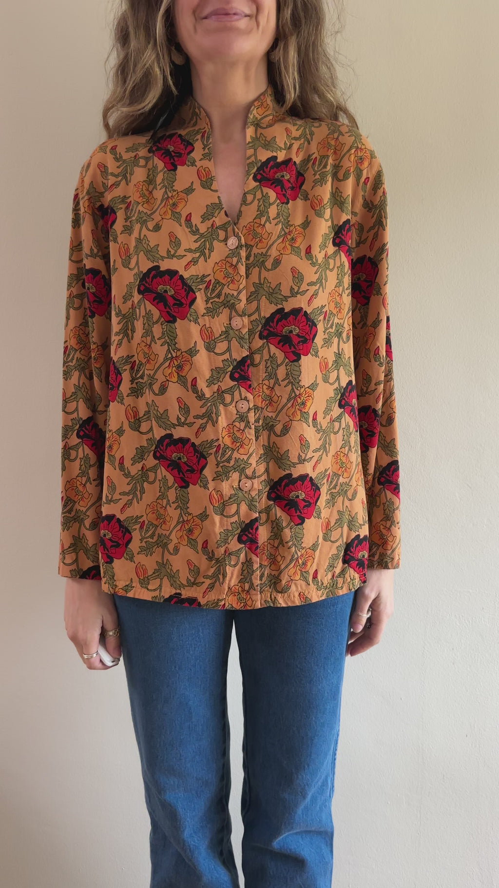 Mock Neck Floral Button-Up Blouse