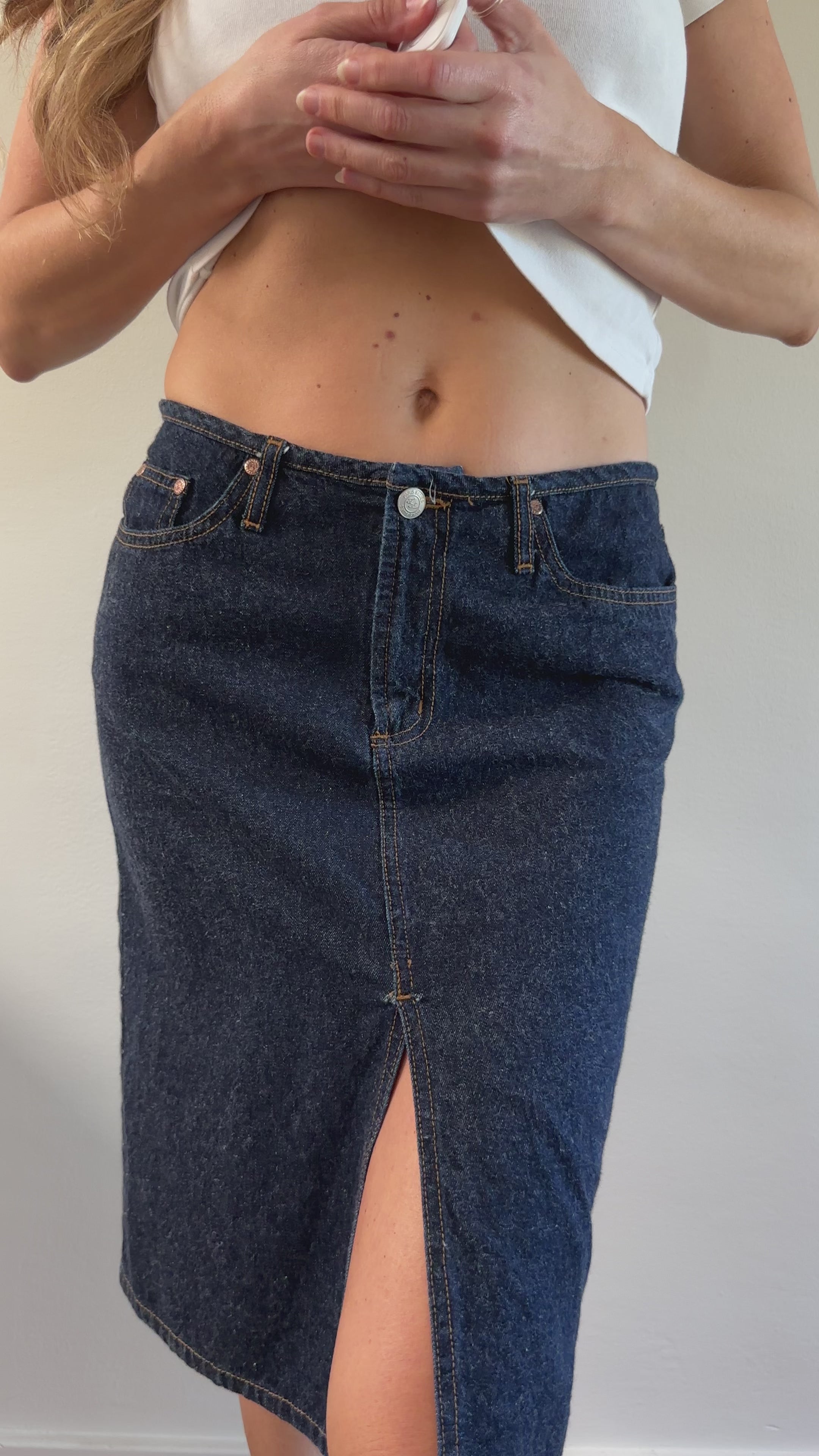 Y2K Paris Blues Dark Wash Denim Midi Skirt