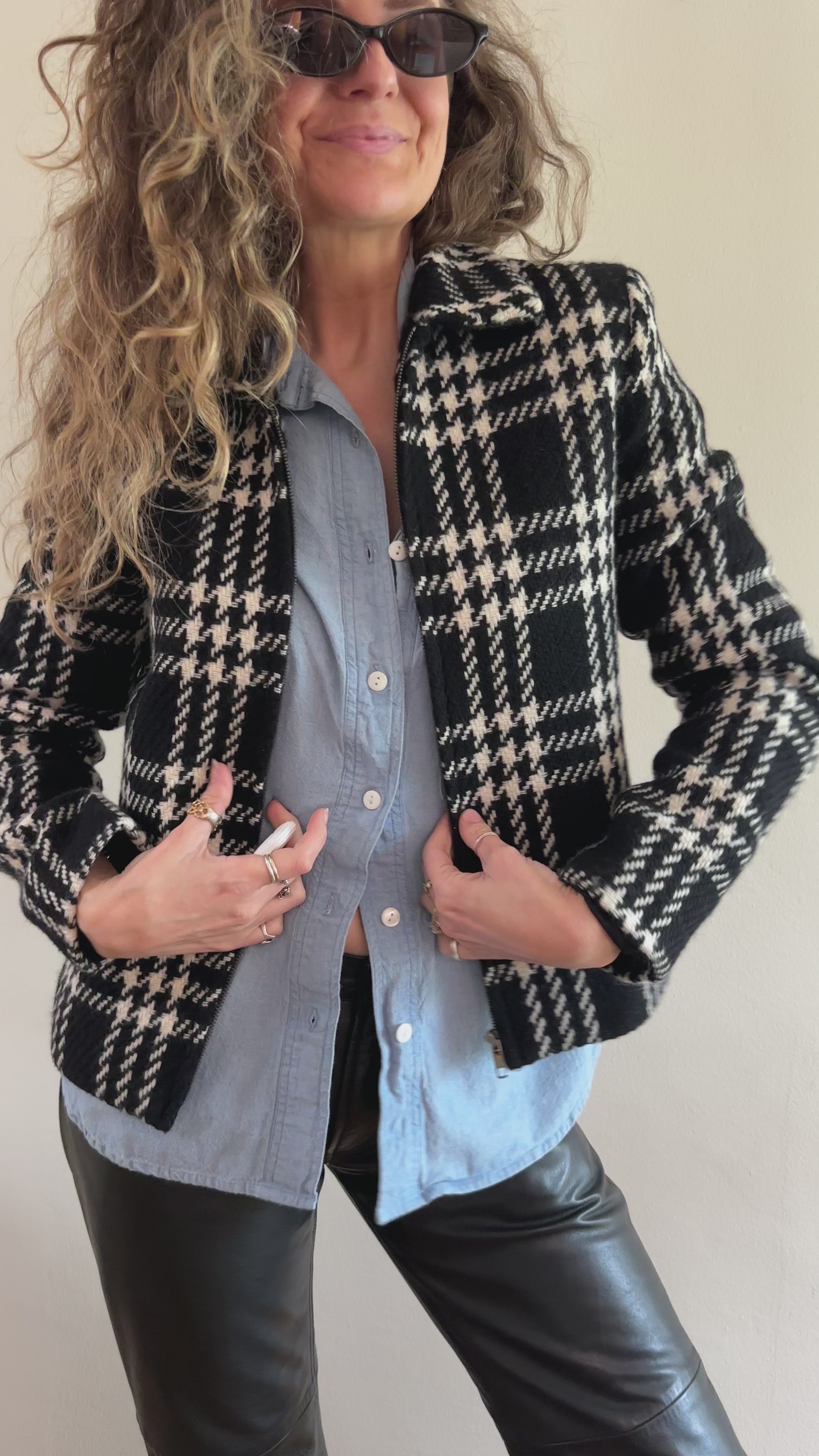 90s Black & Ivory Plaid Wool Jacket
