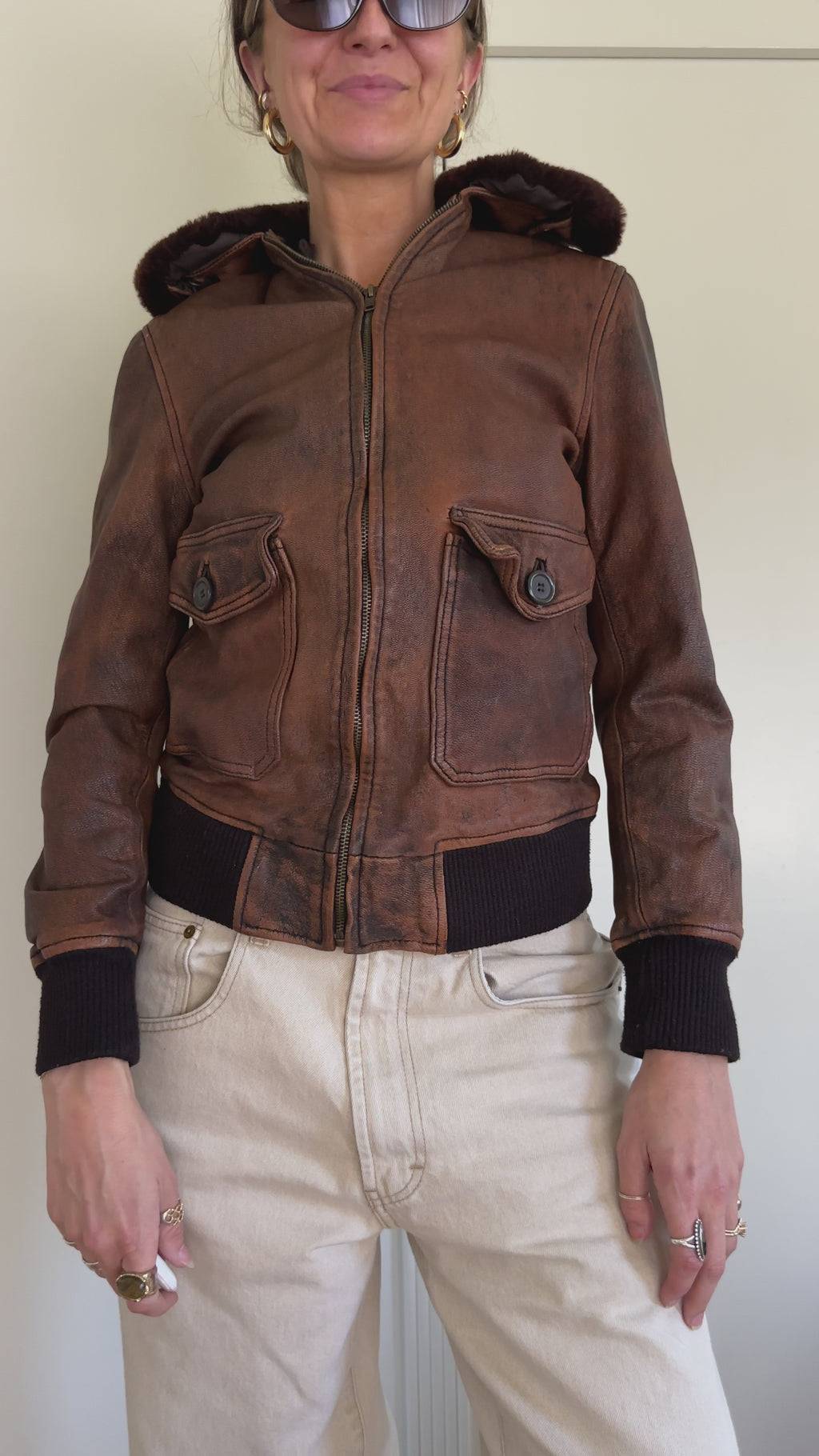 Distressed Leather Bomber Jacket with Shearling Collar