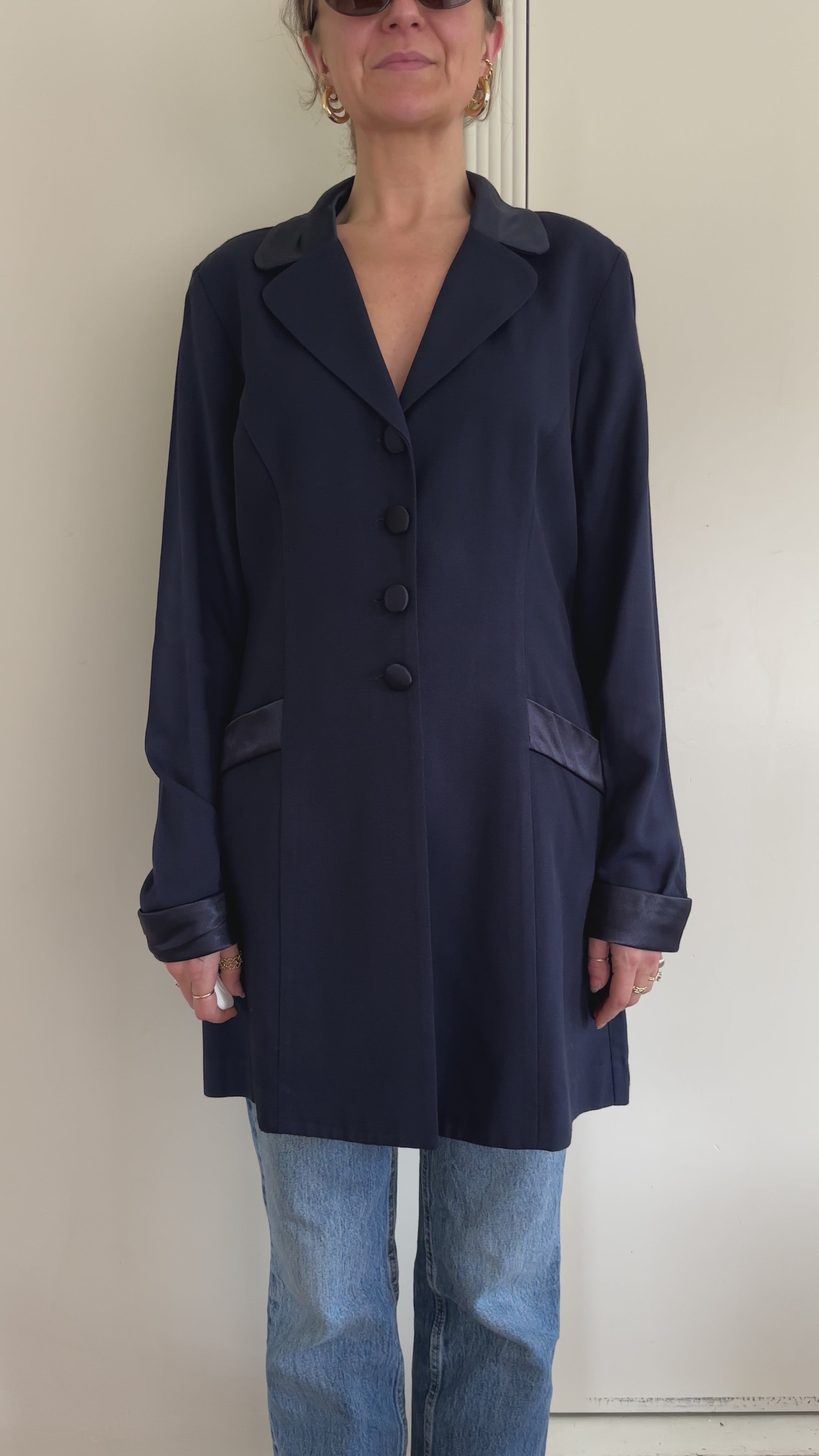 90s Satin-Trim Longline Navy Blazer