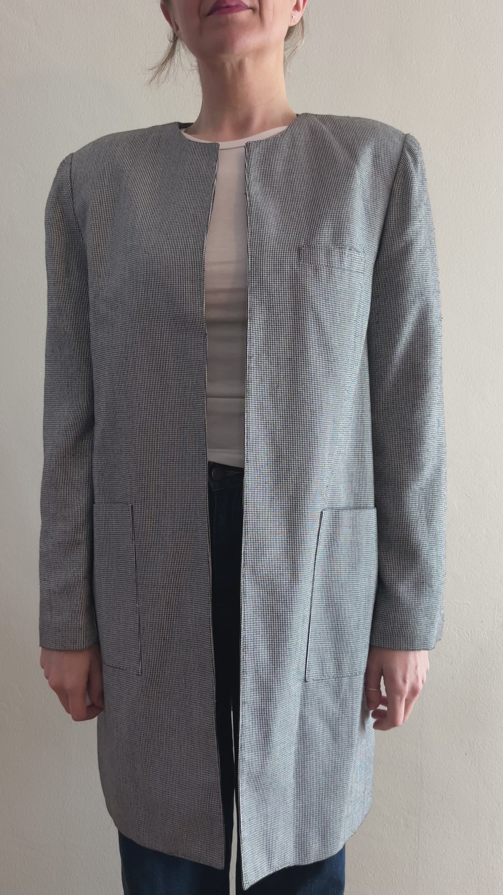 Micro Check Collarless Longline Jacket